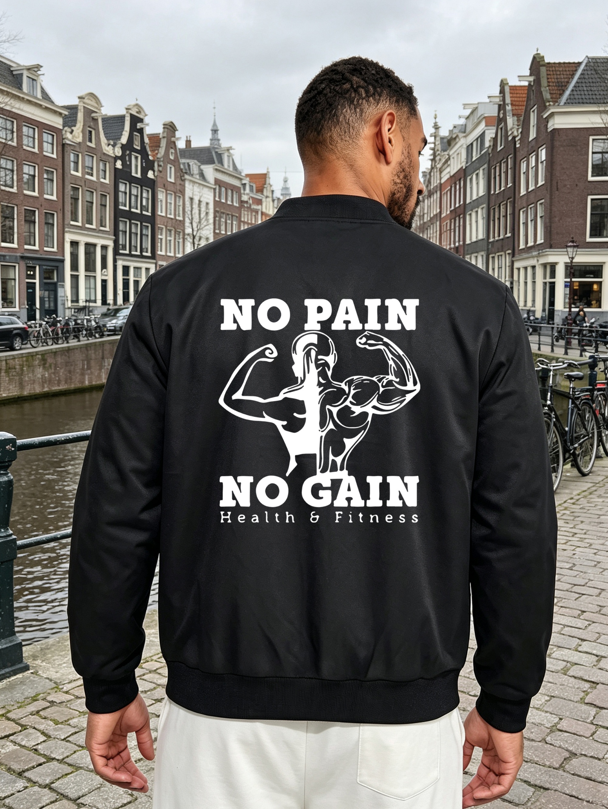 Black Graphic Fitness Bomber Jacket