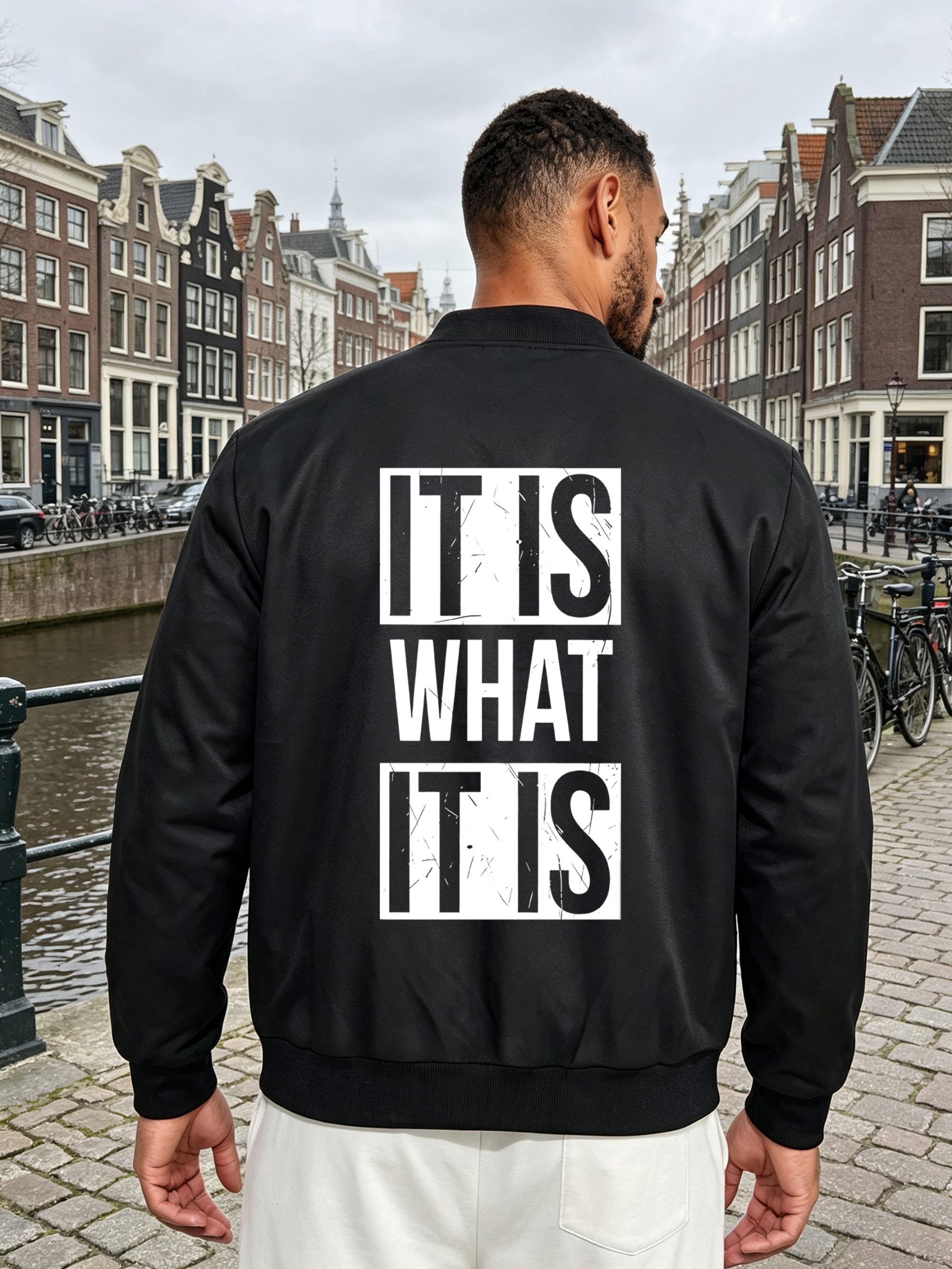 Black Graphic Zip-Up Bomber Jacket