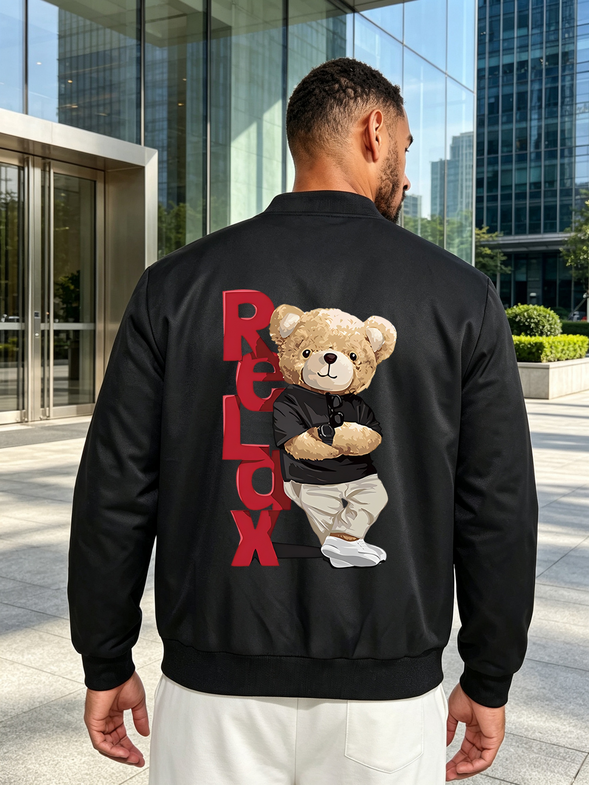 Black Zip-Up Bomber Jacket with Teddy Bear Print