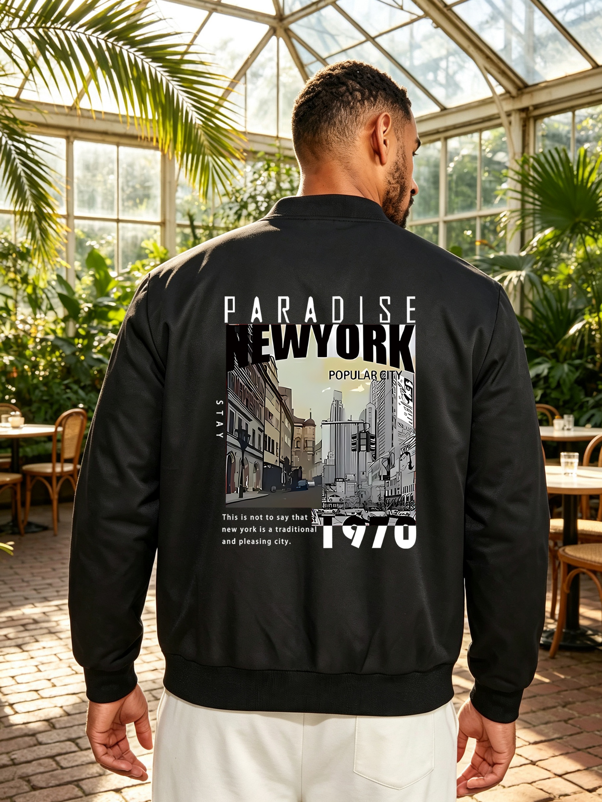 Black Graphic Zip-Up Bomber Jacket - New York City Print