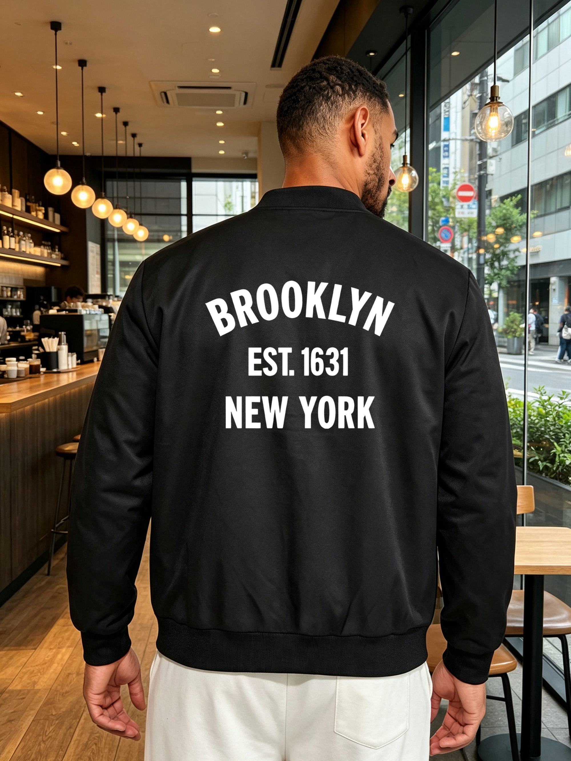 Black Graphic Print Bomber Jacket with Zip Closure