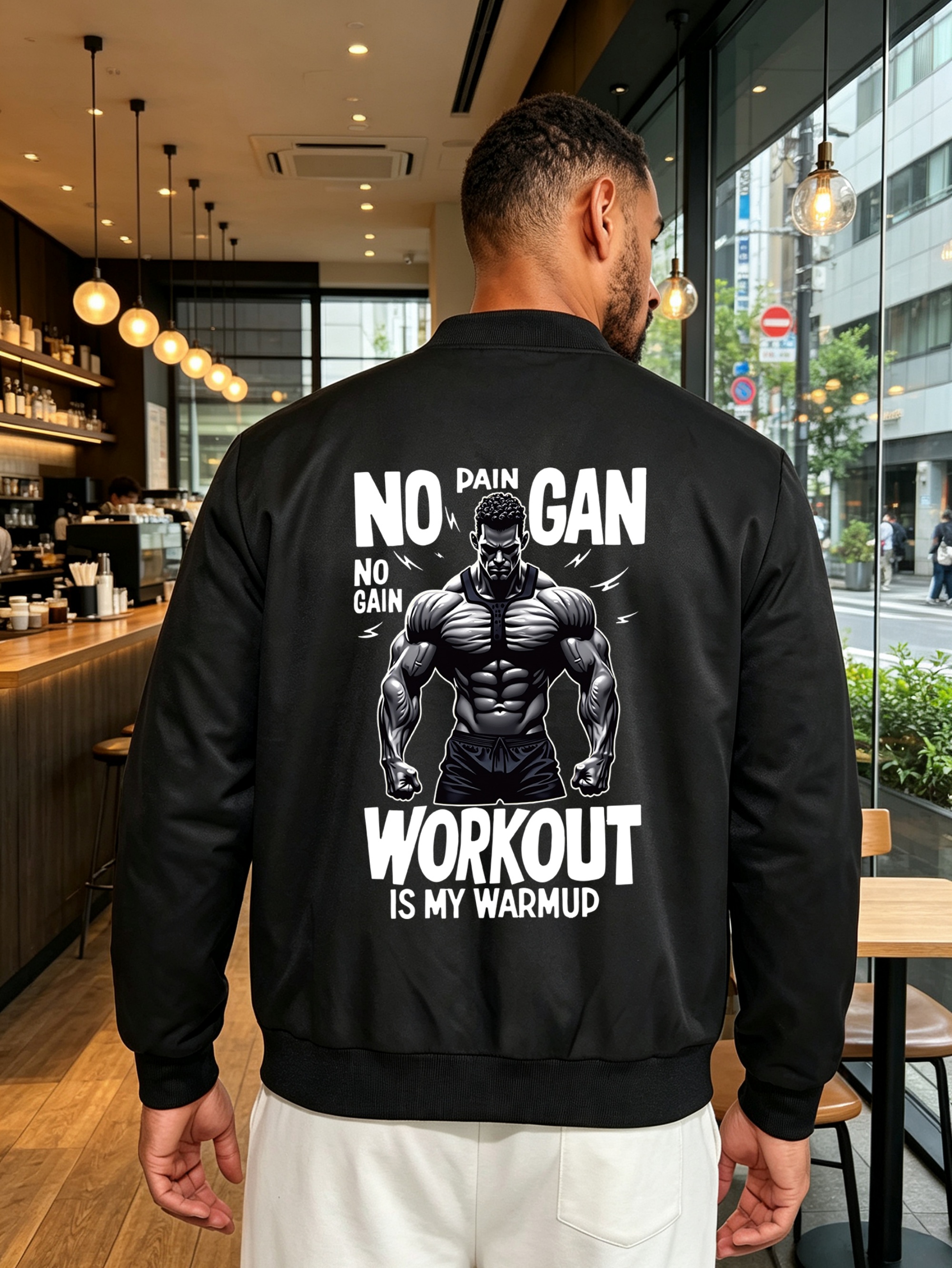 Black Graphic Print Bomber Jacket with Zip Closure