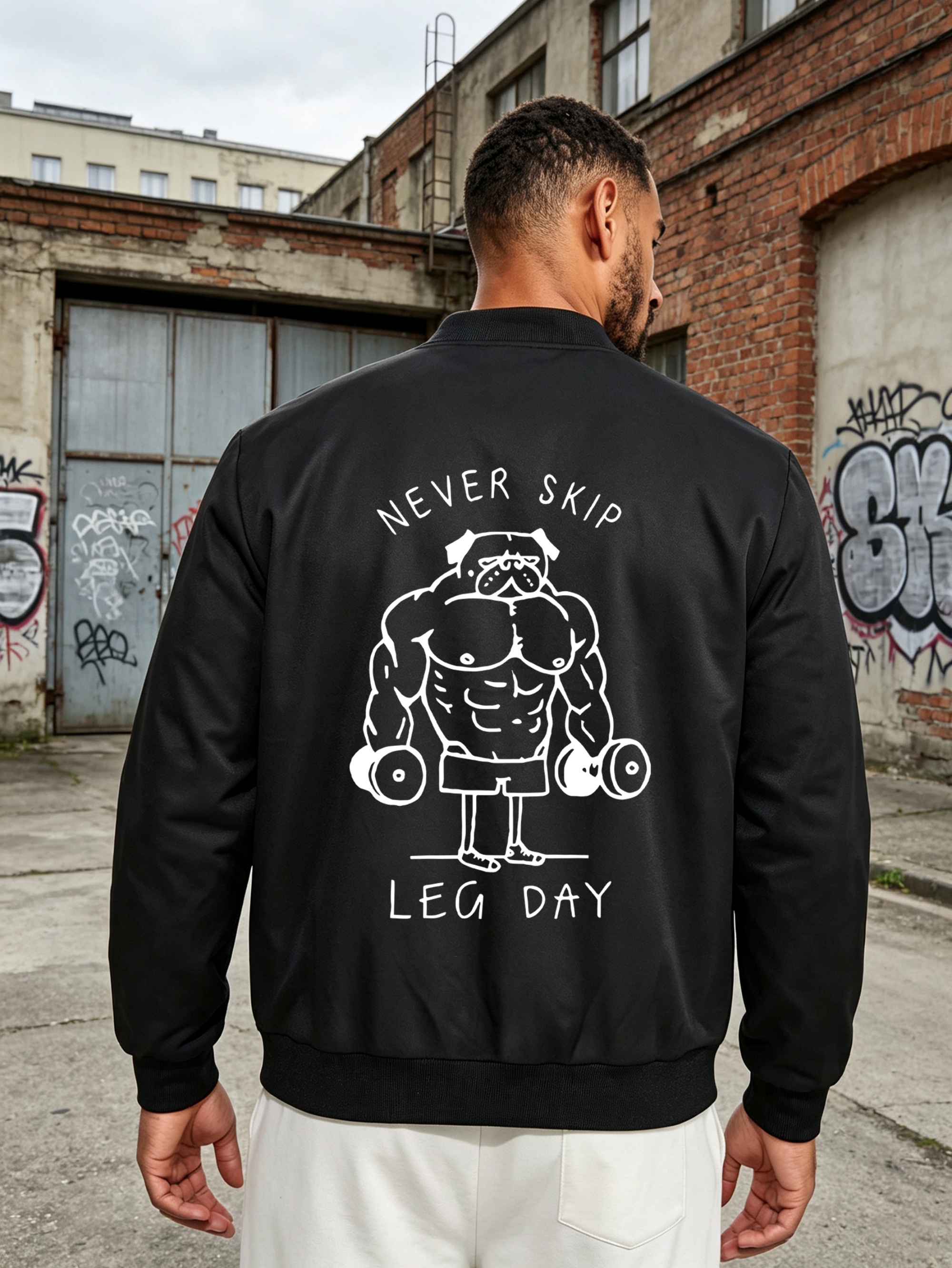 Black Bomber Jacket with Never Skip Leg Day Bulldog Print
