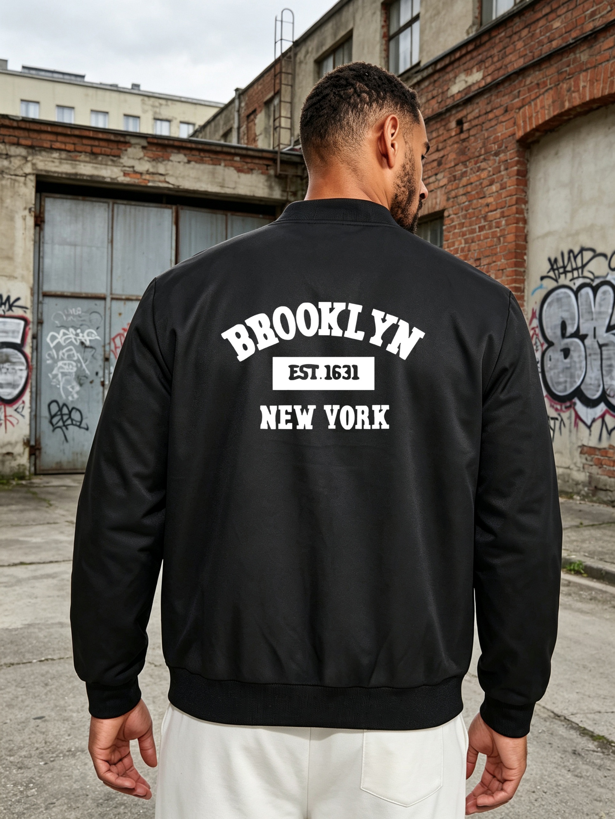 Black Graphic Zip-Up Bomber Jacket