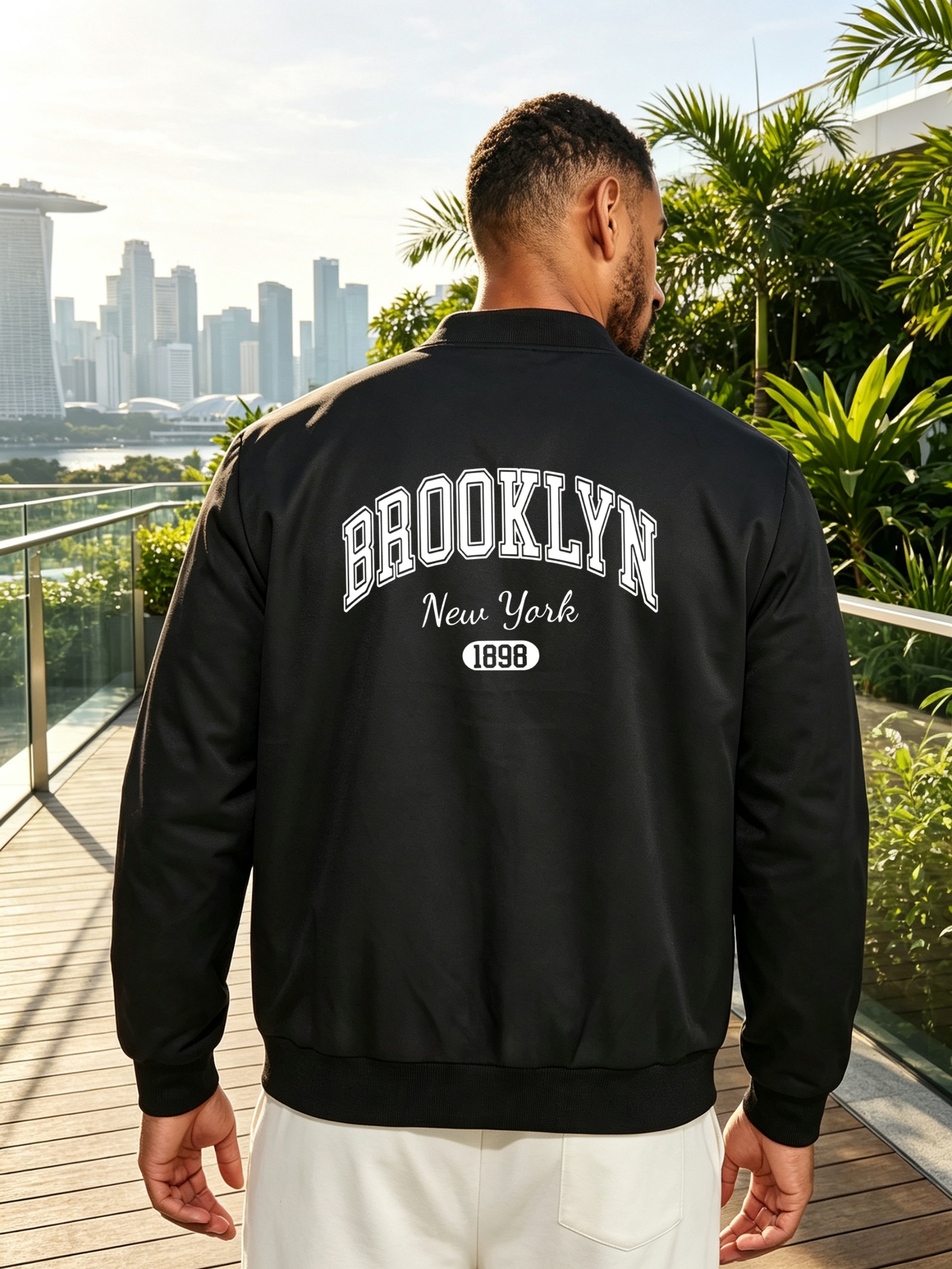 Black Graphic Zip-Up Baseball Jacket