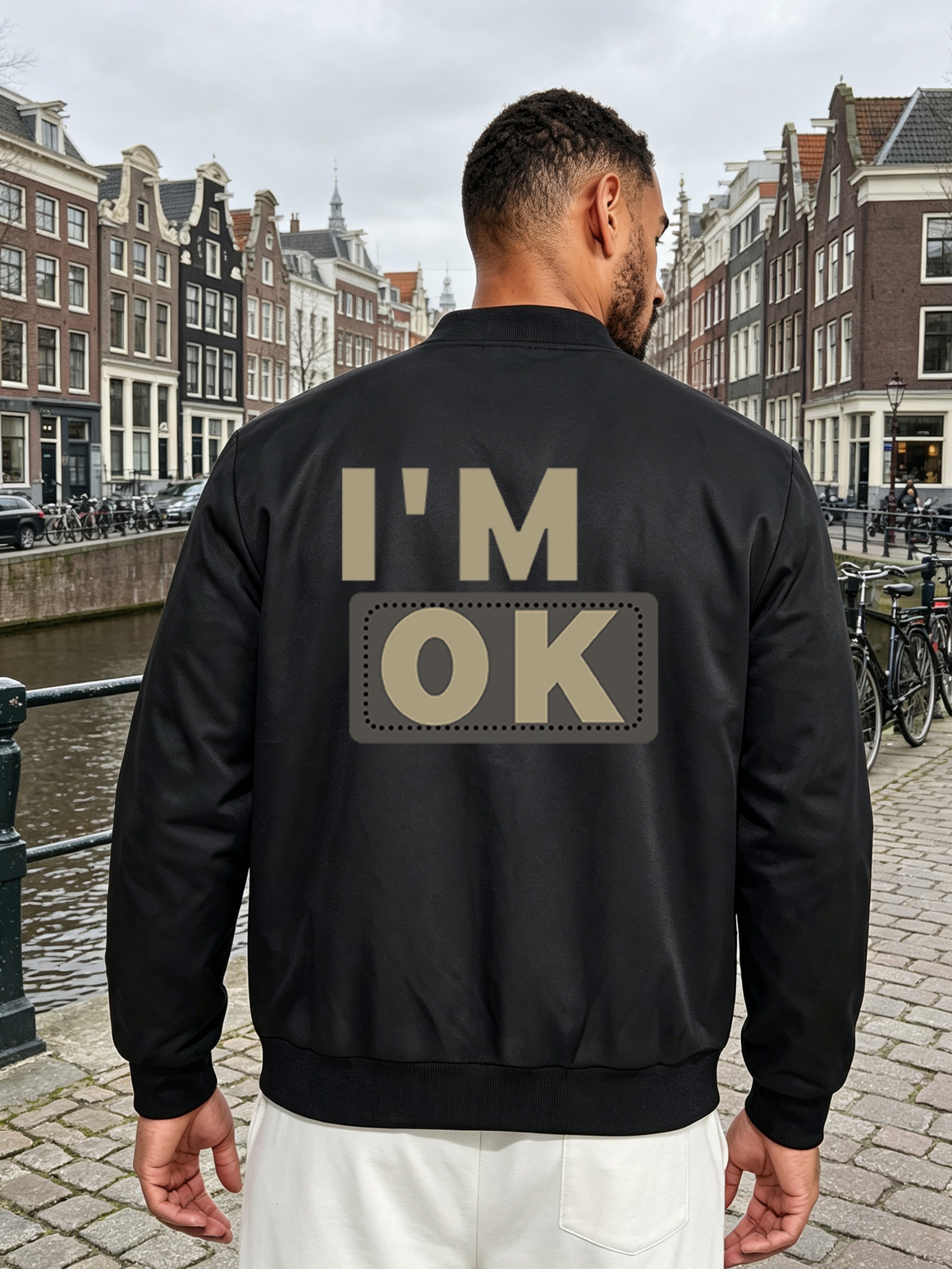 Black Graphic Zip-Up Bomber Jacket