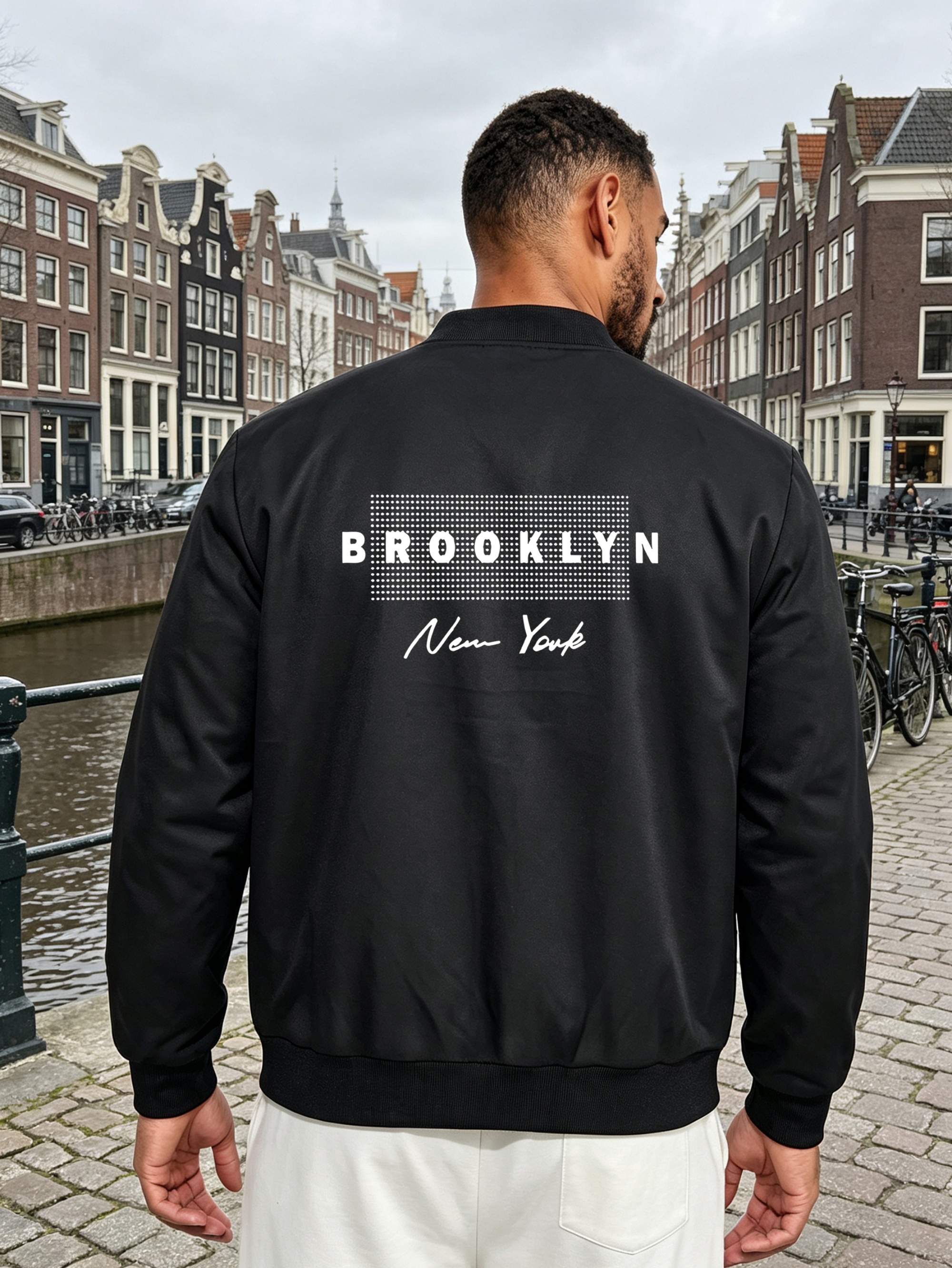 Black Graphic Zip-Up Bomber Jacket