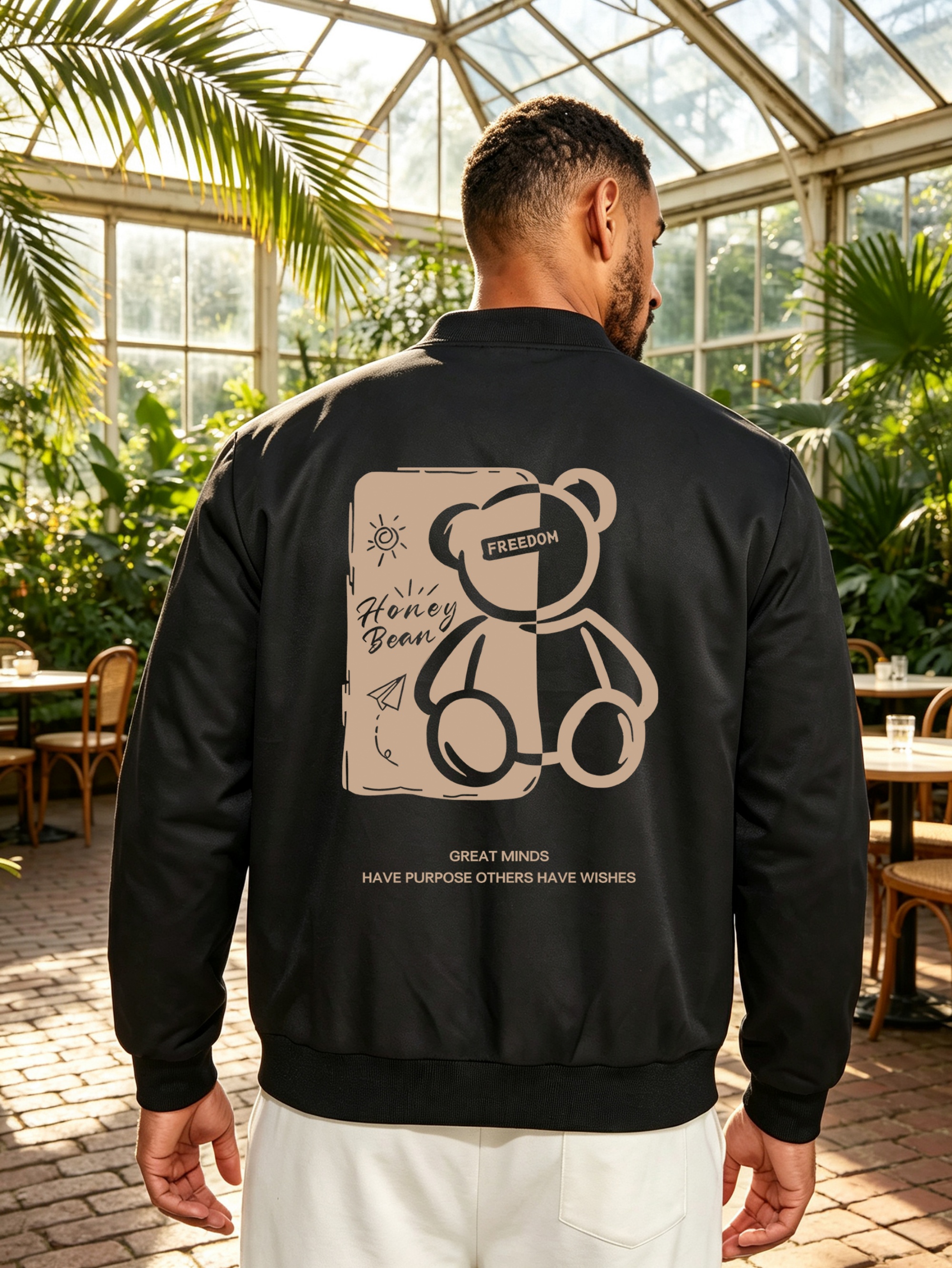Black Zip-Up Baseball Jacket with Bear Print