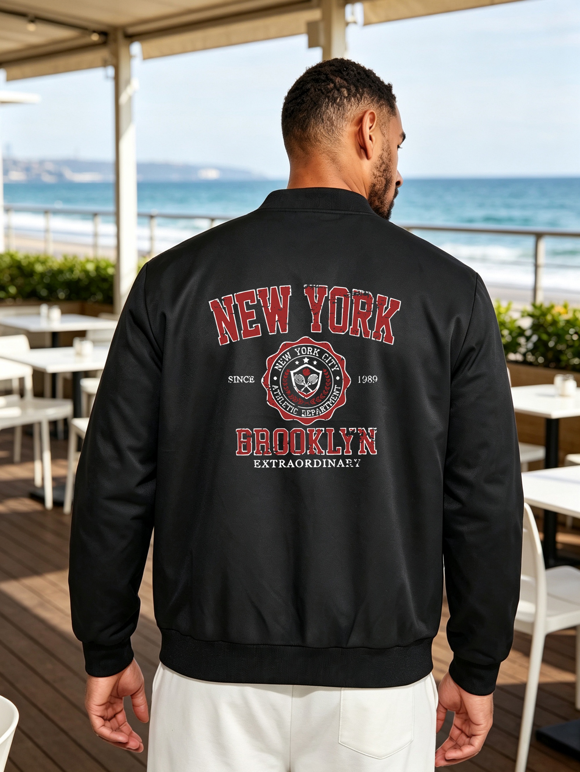 Black Graphic Zip-Up Bomber Jacket