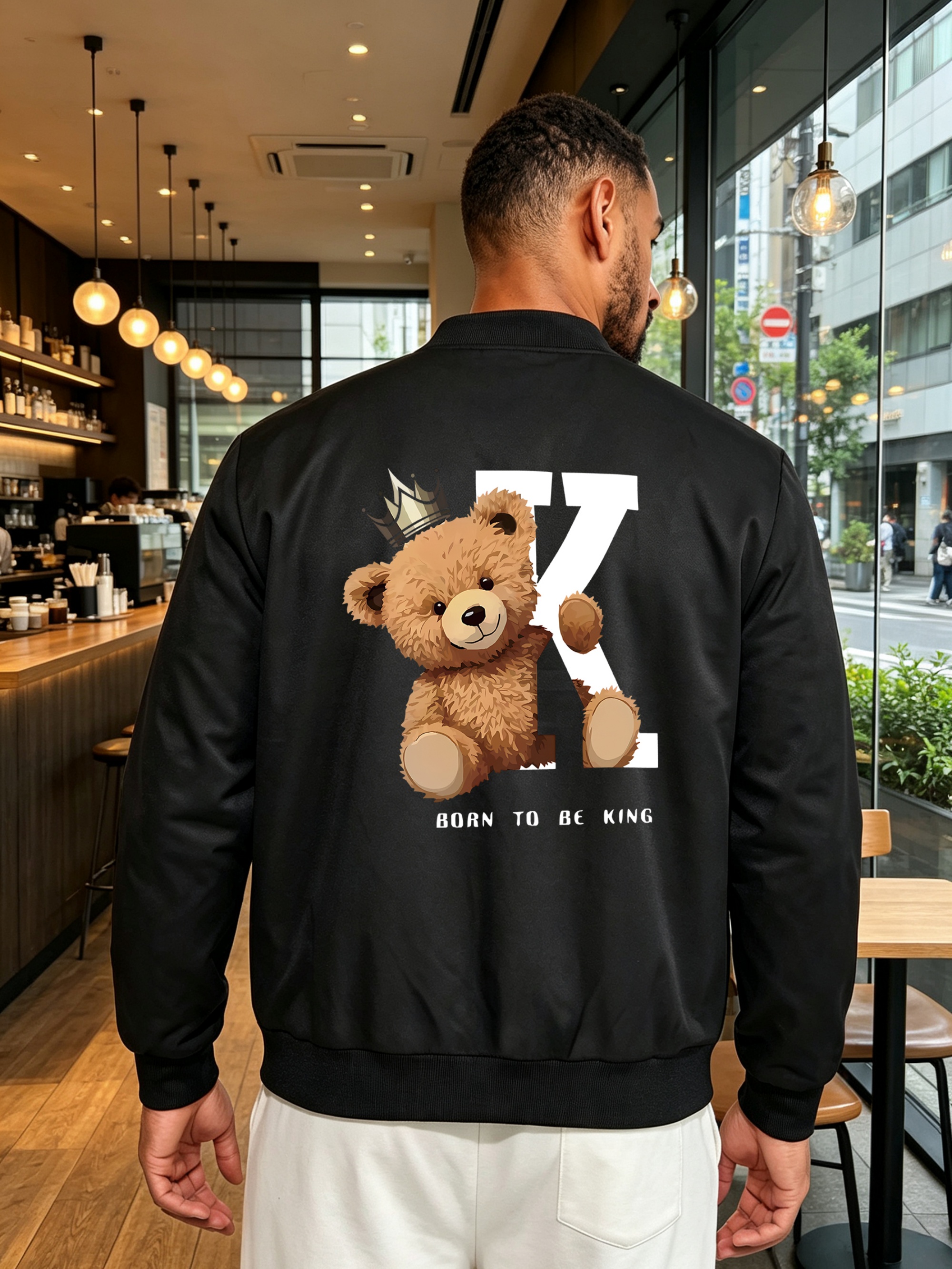 Black Zip-Up Bomber Jacket with Born to Be King Bear Print