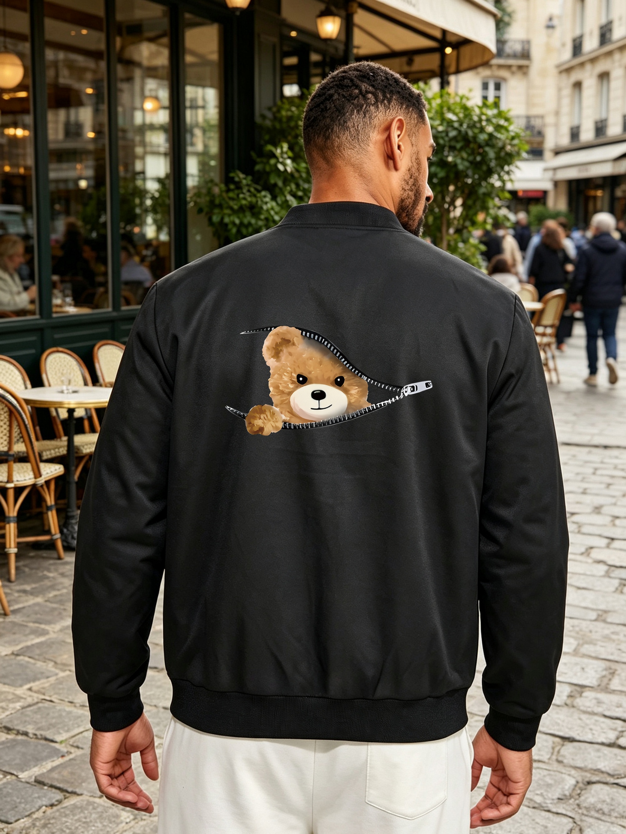 Black Zip-Up Teddy Bear Bomber Jacket