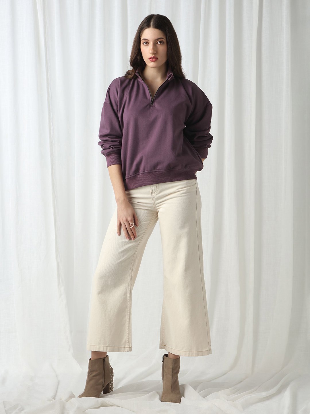 Womens Purple Oversized Half-Zip Sweatshirt