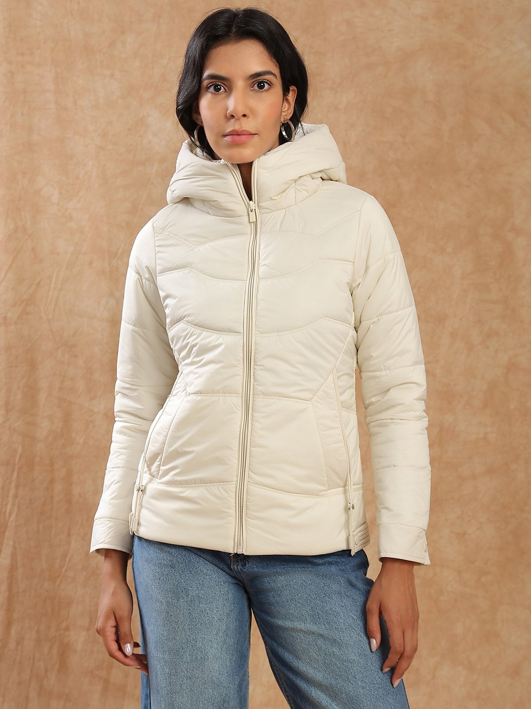 Beige Padded Hooded Longline Winter Jacket