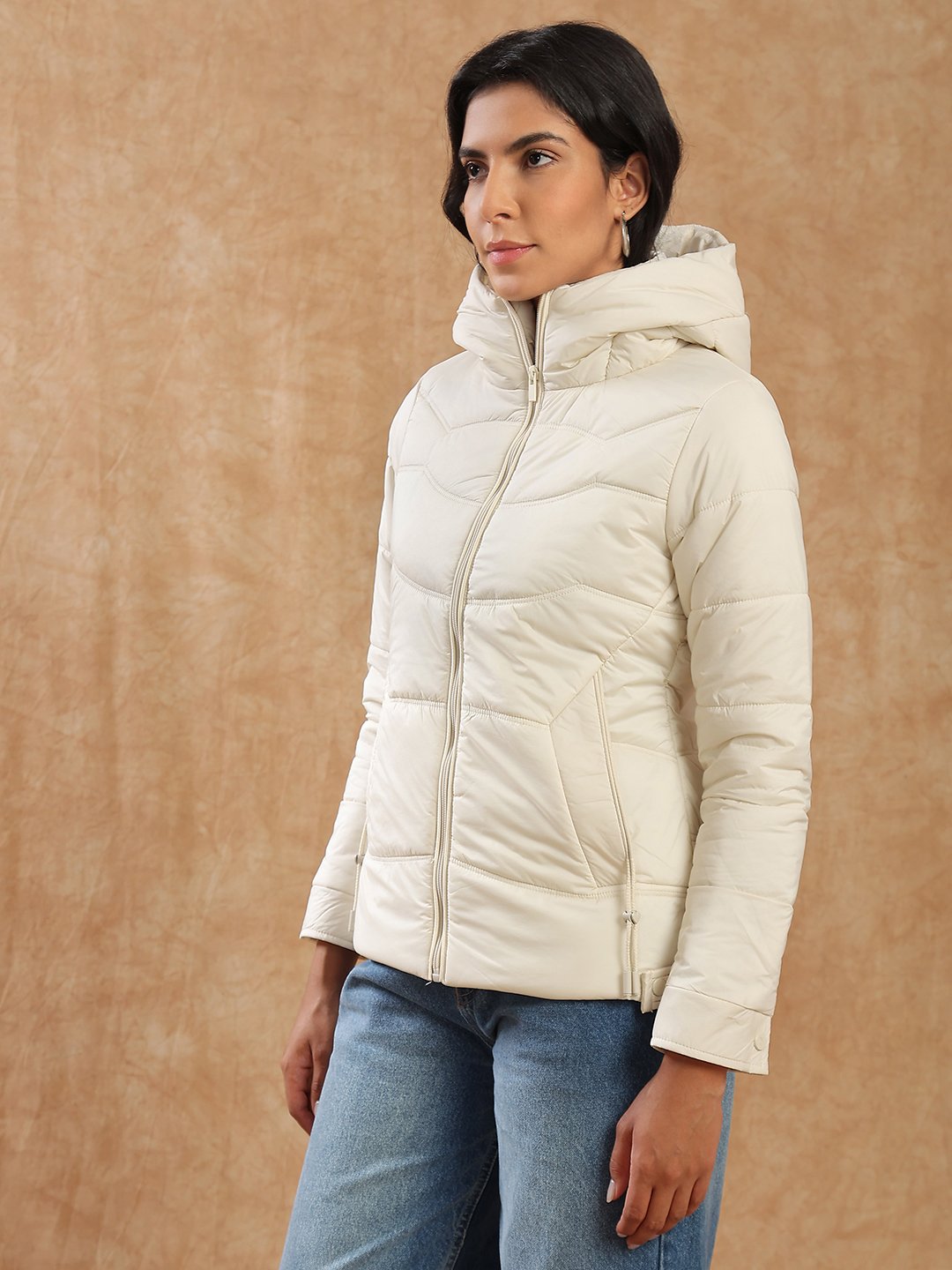 Beige Padded Hooded Longline Winter Jacket