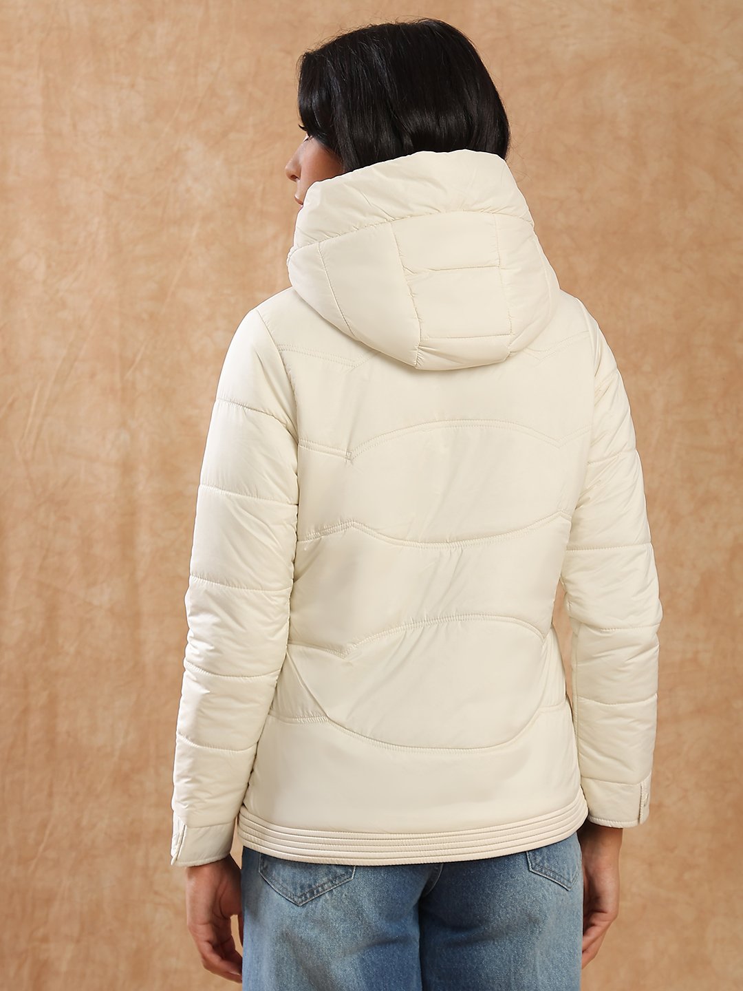 Beige Padded Hooded Longline Winter Jacket