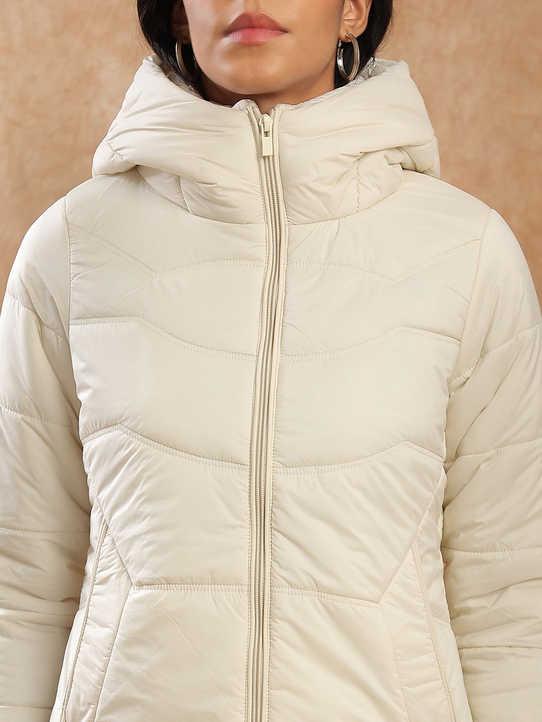 Beige Padded Hooded Longline Winter Jacket