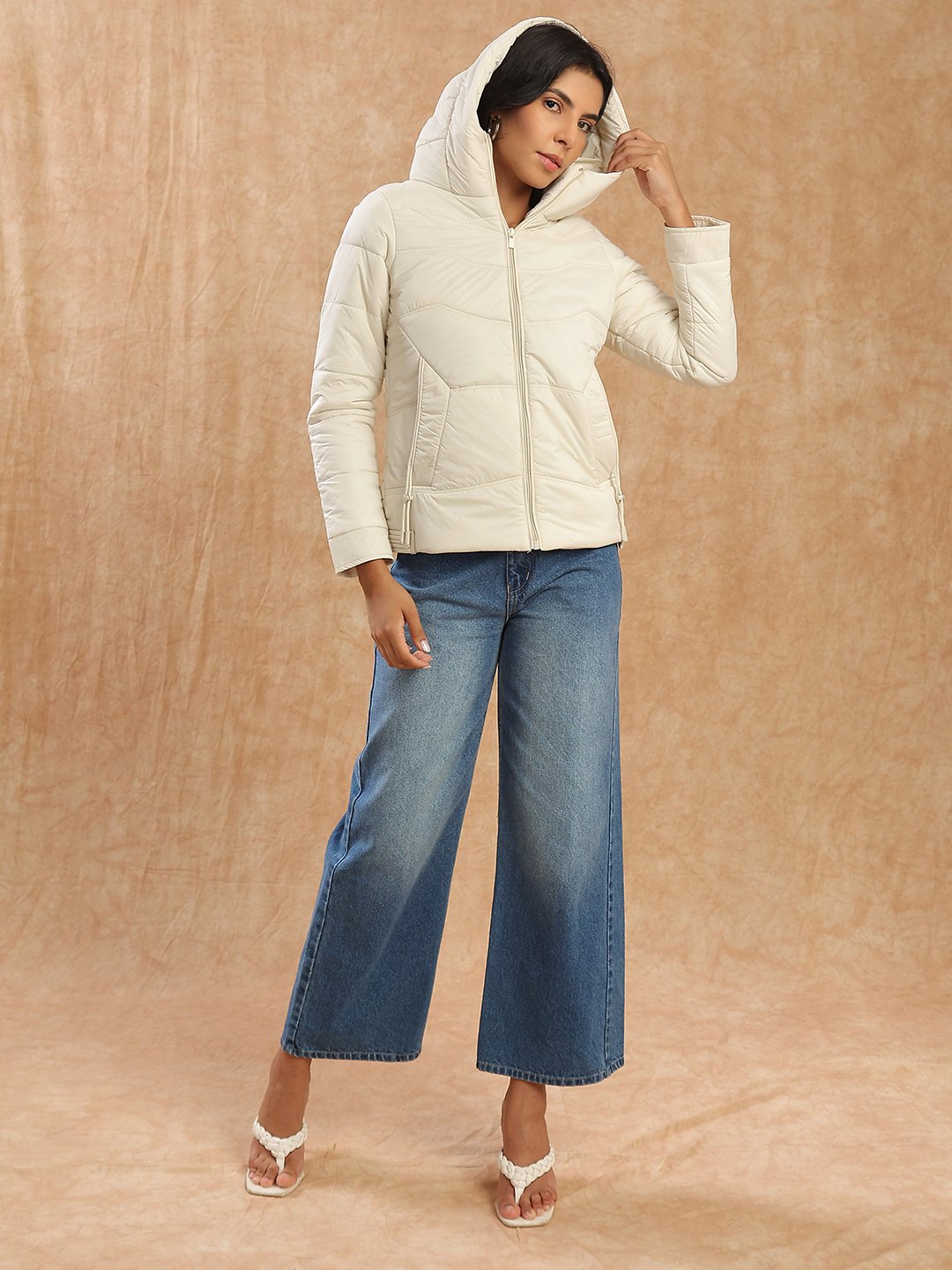 Beige Padded Hooded Longline Winter Jacket