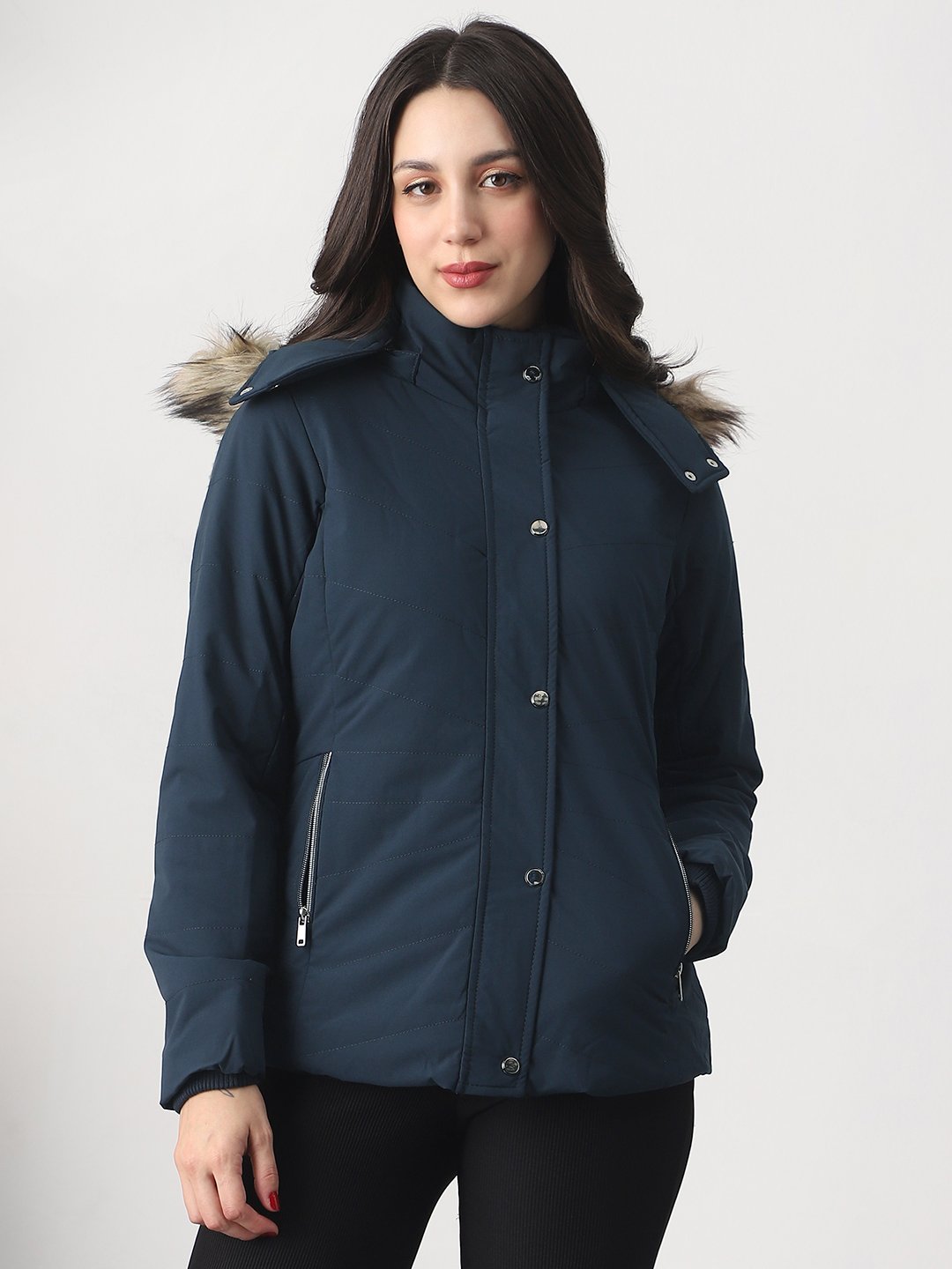 Navy Blue Regular Fit Padded Jacket with Faux Fur Hood