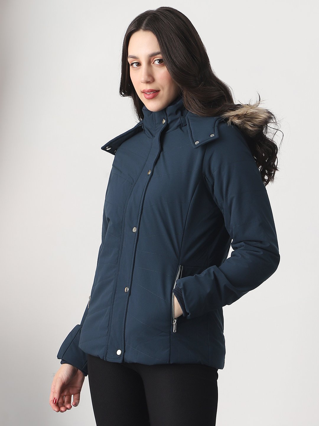 Navy Blue Regular Fit Padded Jacket with Faux Fur Hood