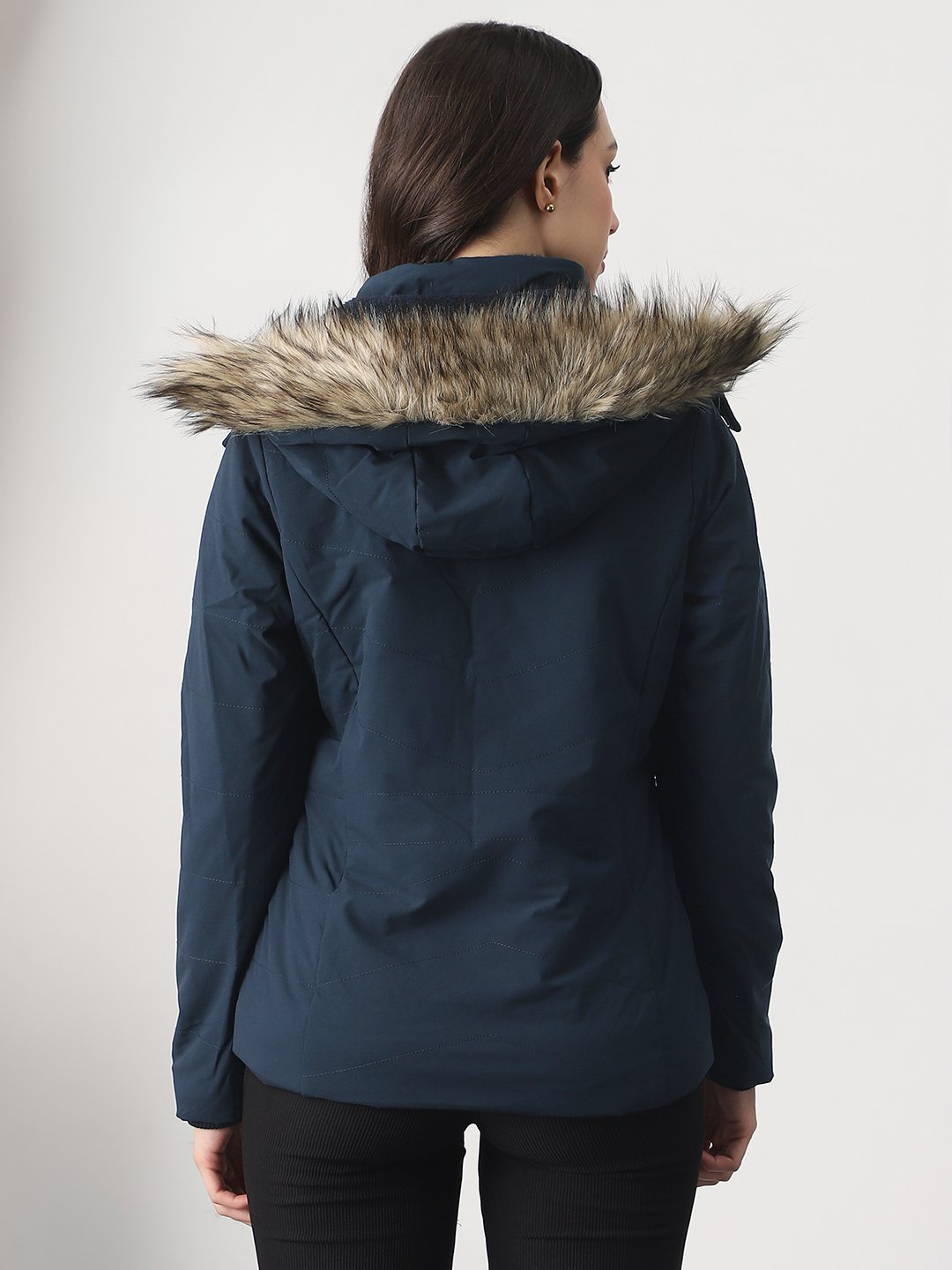 Navy Blue Regular Fit Padded Jacket with Faux Fur Hood