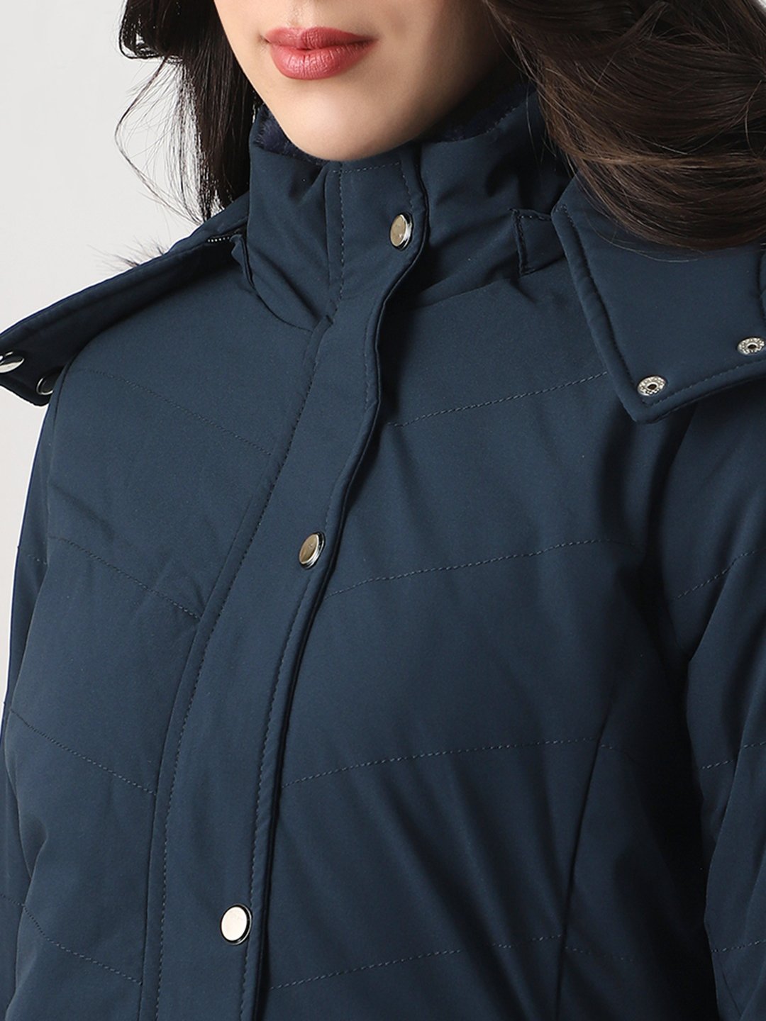 Navy Blue Regular Fit Padded Jacket with Faux Fur Hood