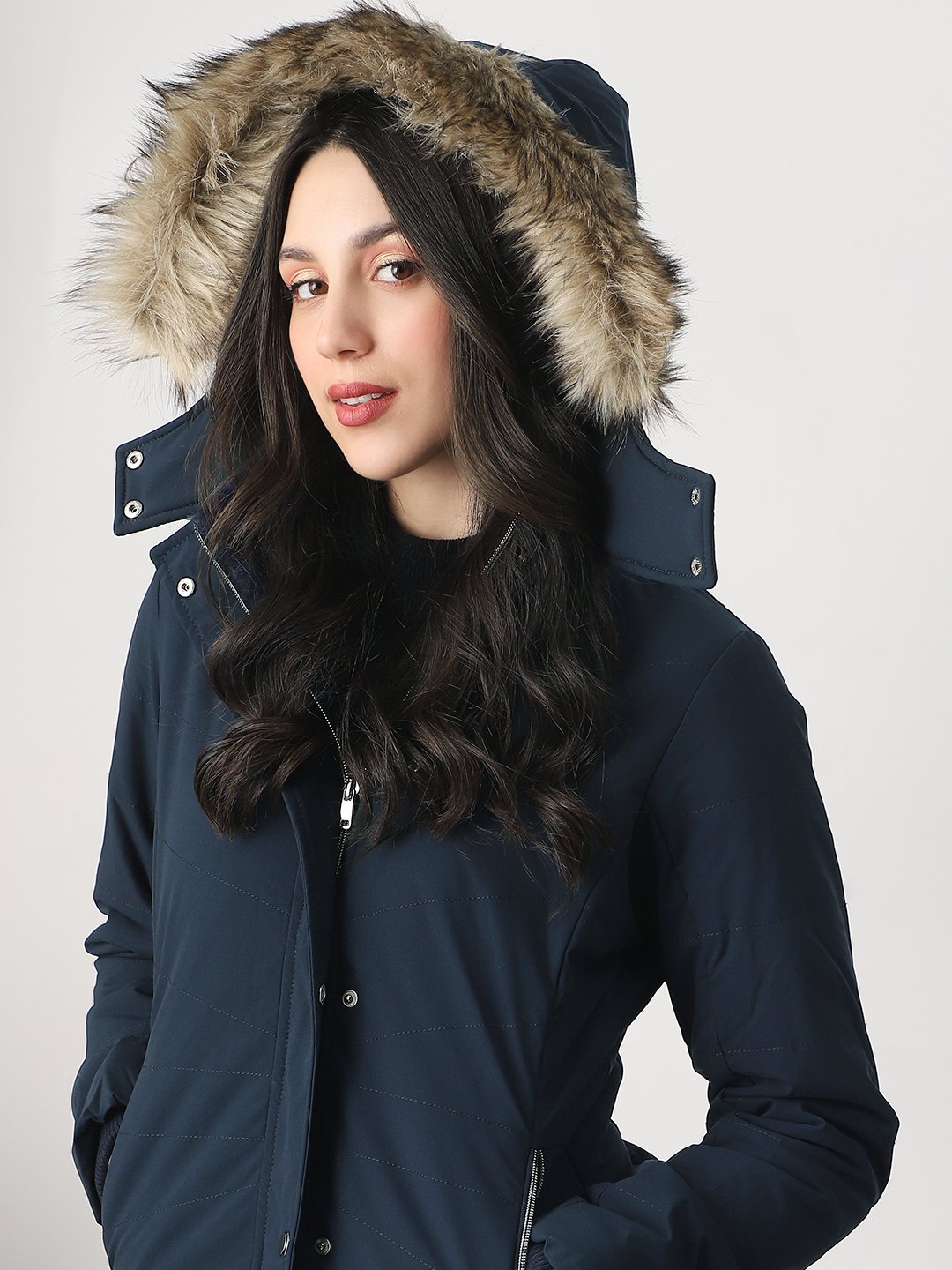 Navy Blue Regular Fit Padded Jacket with Faux Fur Hood