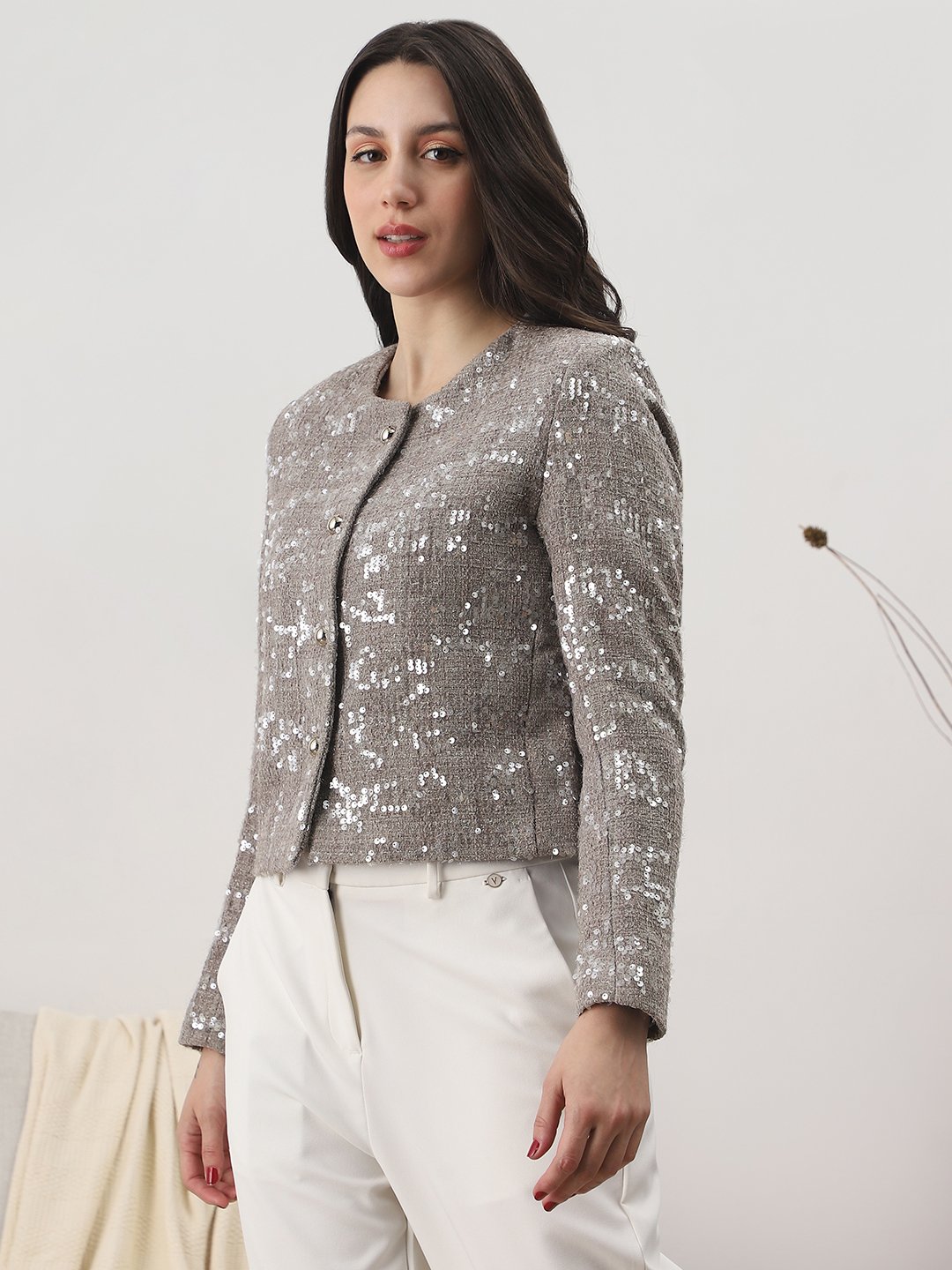 Grey Buttoned Sequin Embellished Regular Length Coat