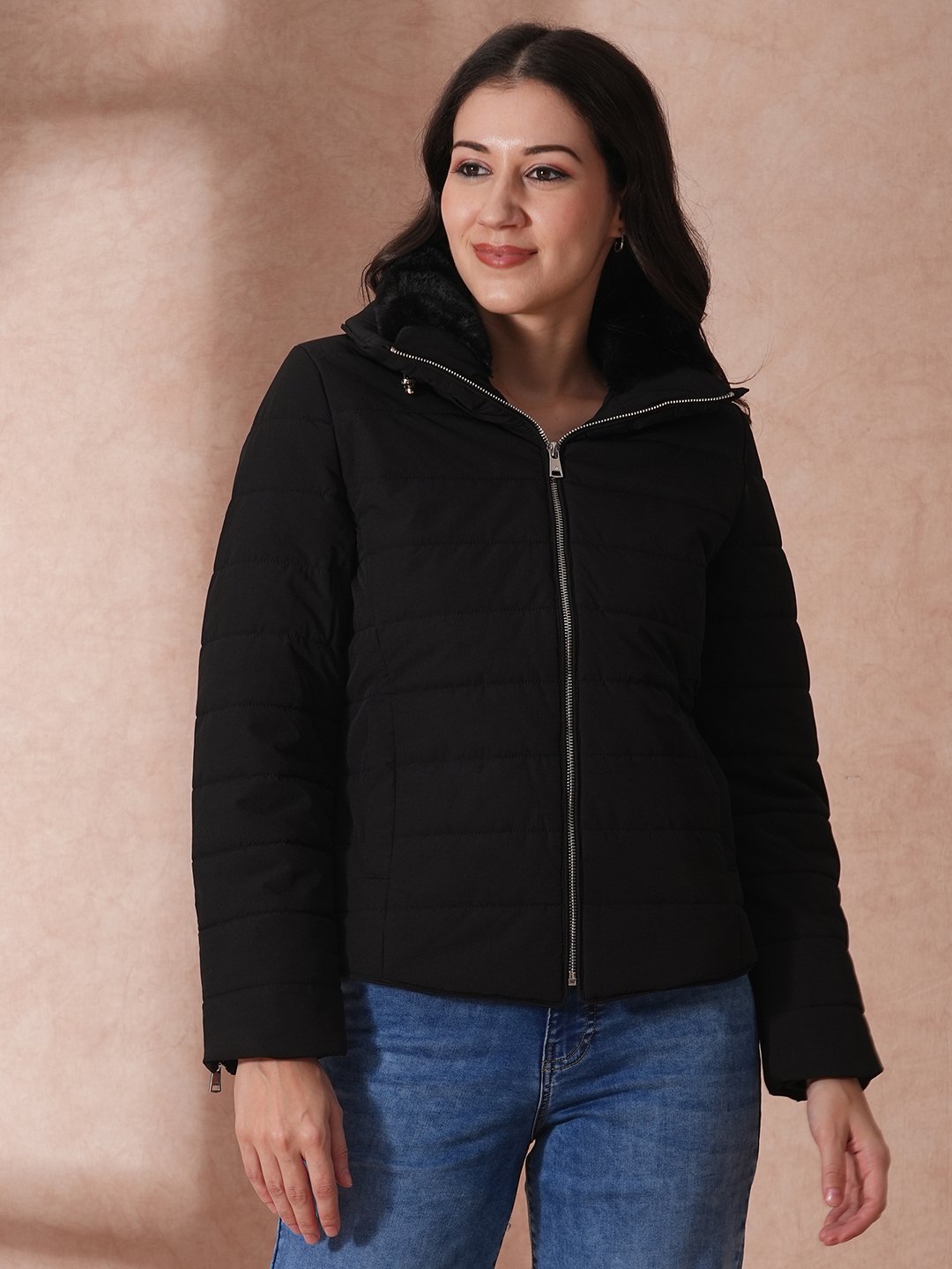 Black Padded Winter Jacket with Detachable Hood