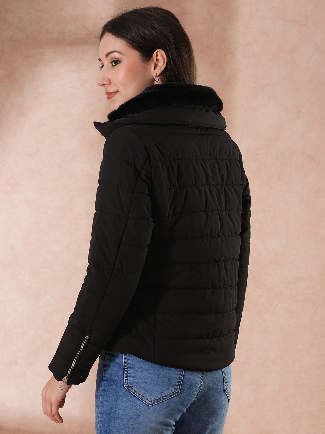 Black Padded Winter Jacket with Detachable Hood