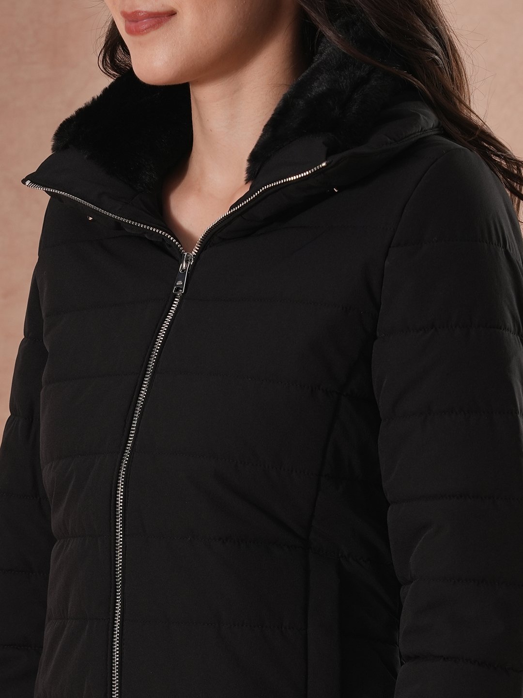 Black Padded Winter Jacket with Detachable Hood