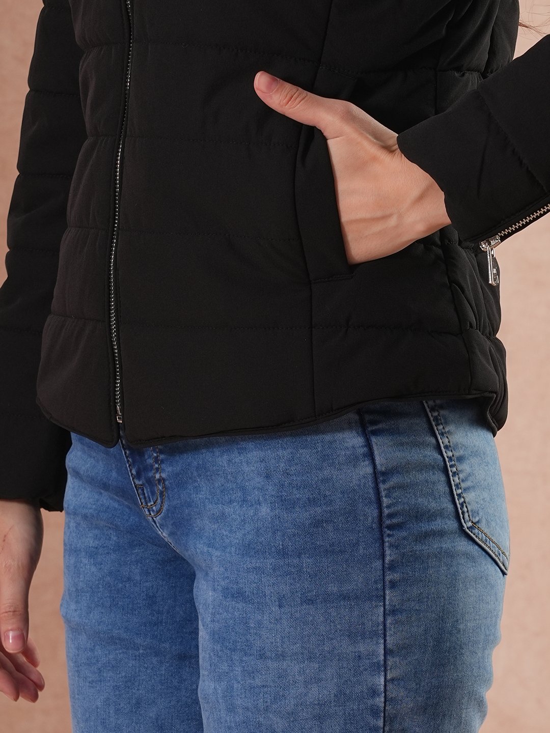 Black Padded Winter Jacket with Detachable Hood