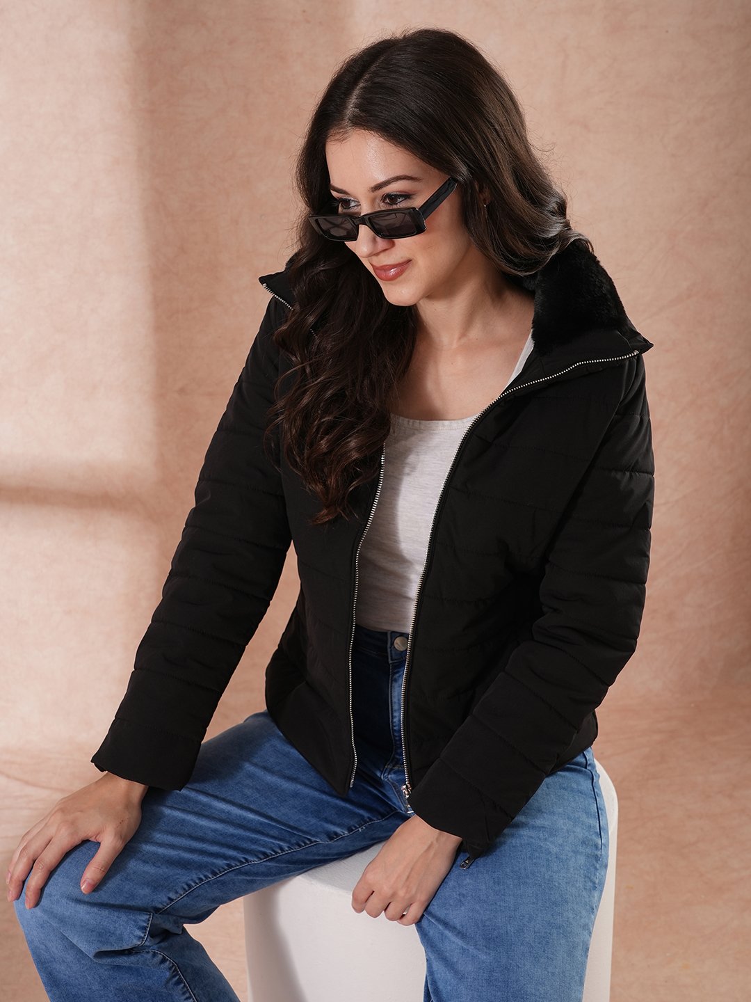 Black Padded Winter Jacket with Detachable Hood