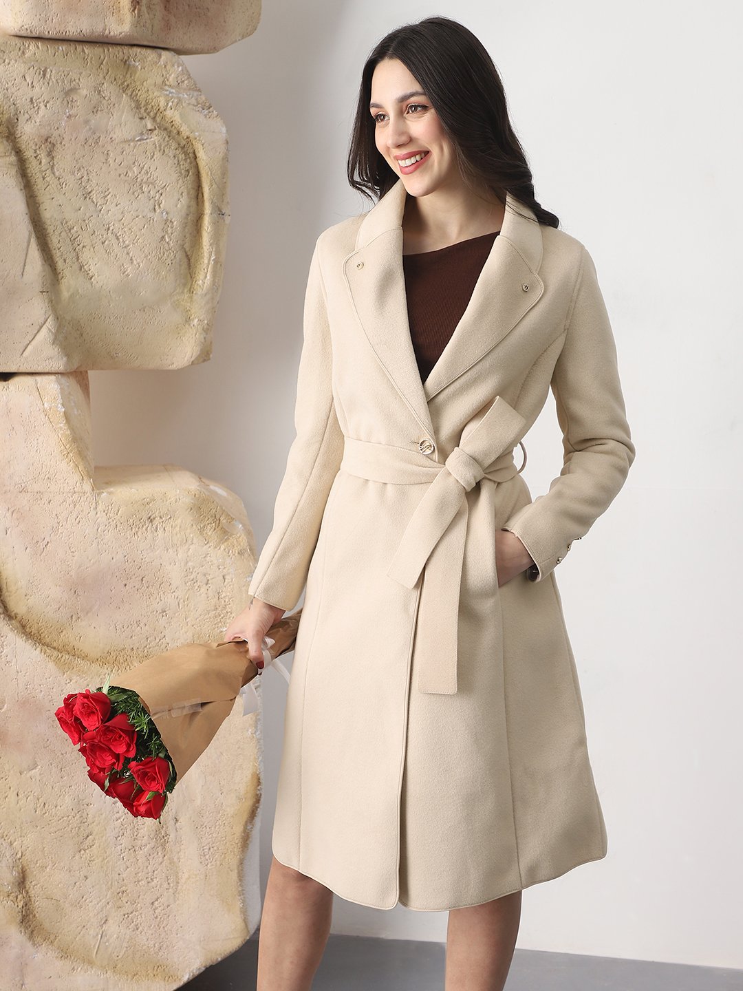 Beige Longline Wrap Coat with Belt