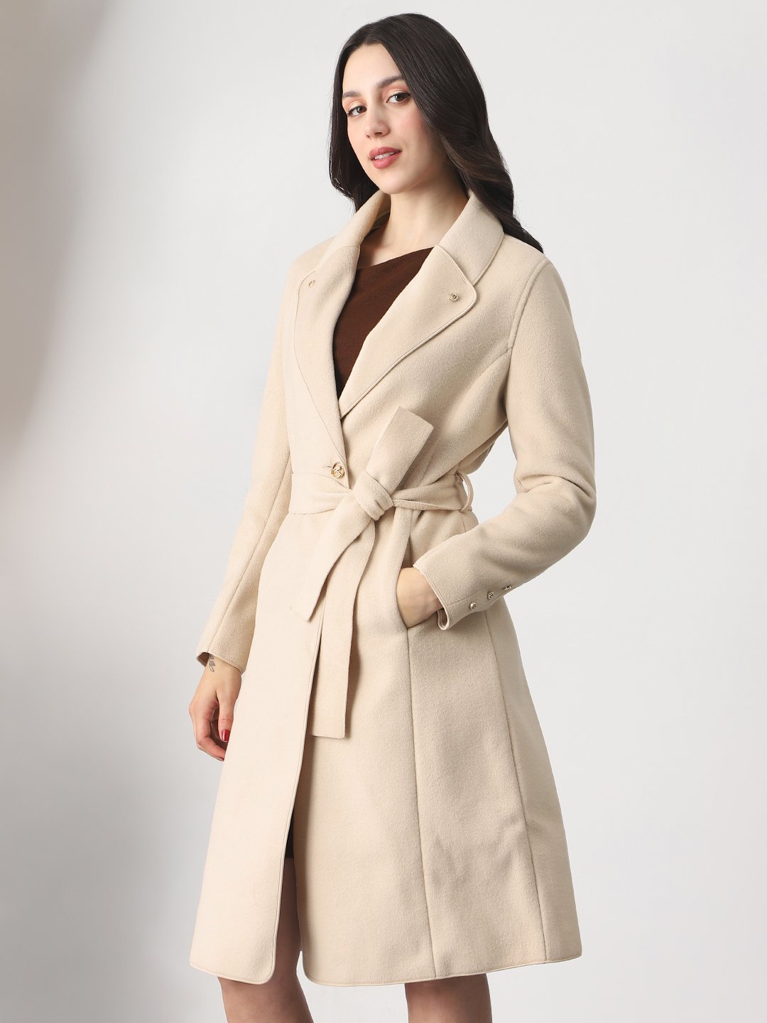 Beige Longline Wrap Coat with Belt