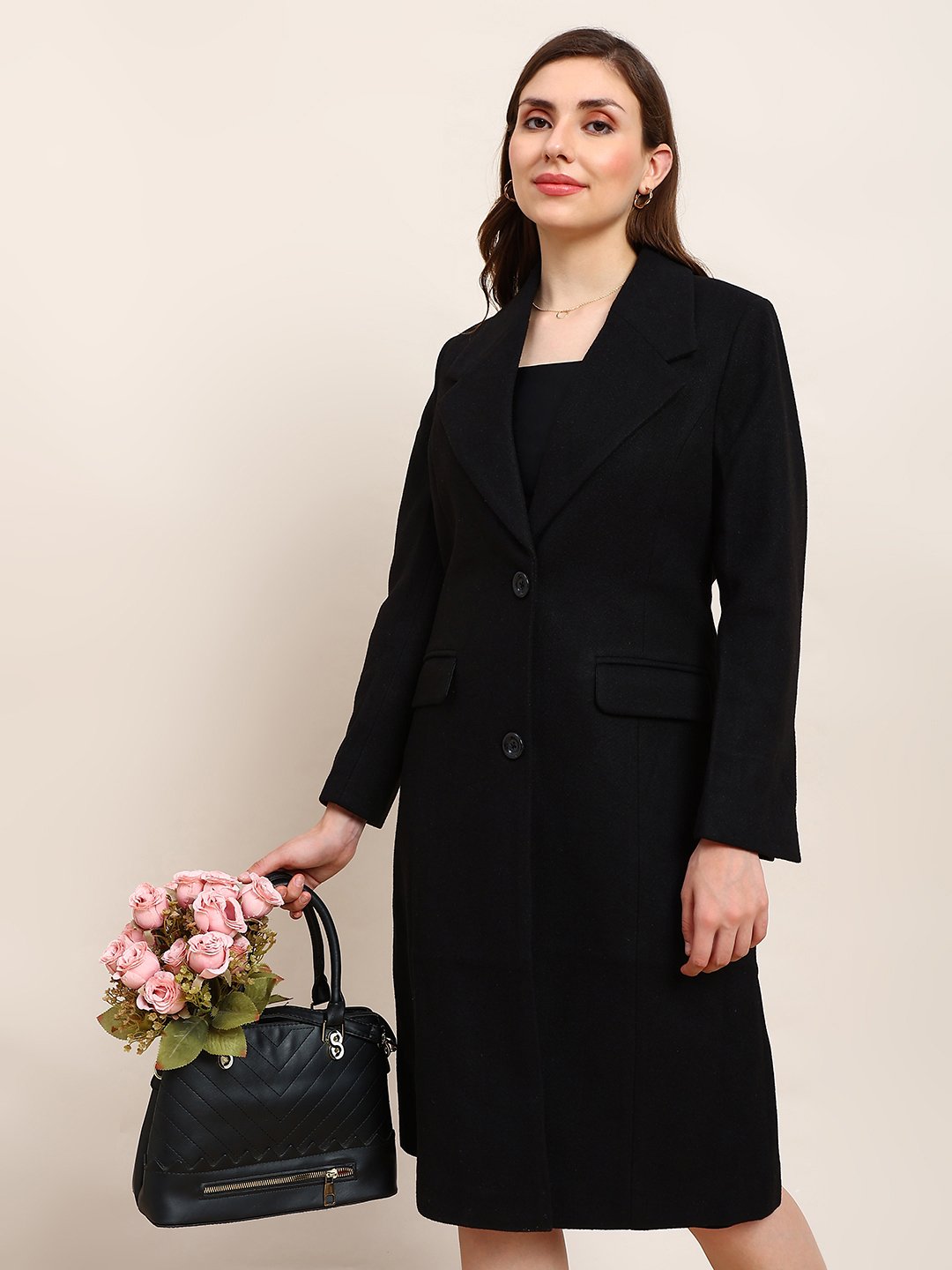 Black Longline Button-Front Overcoat