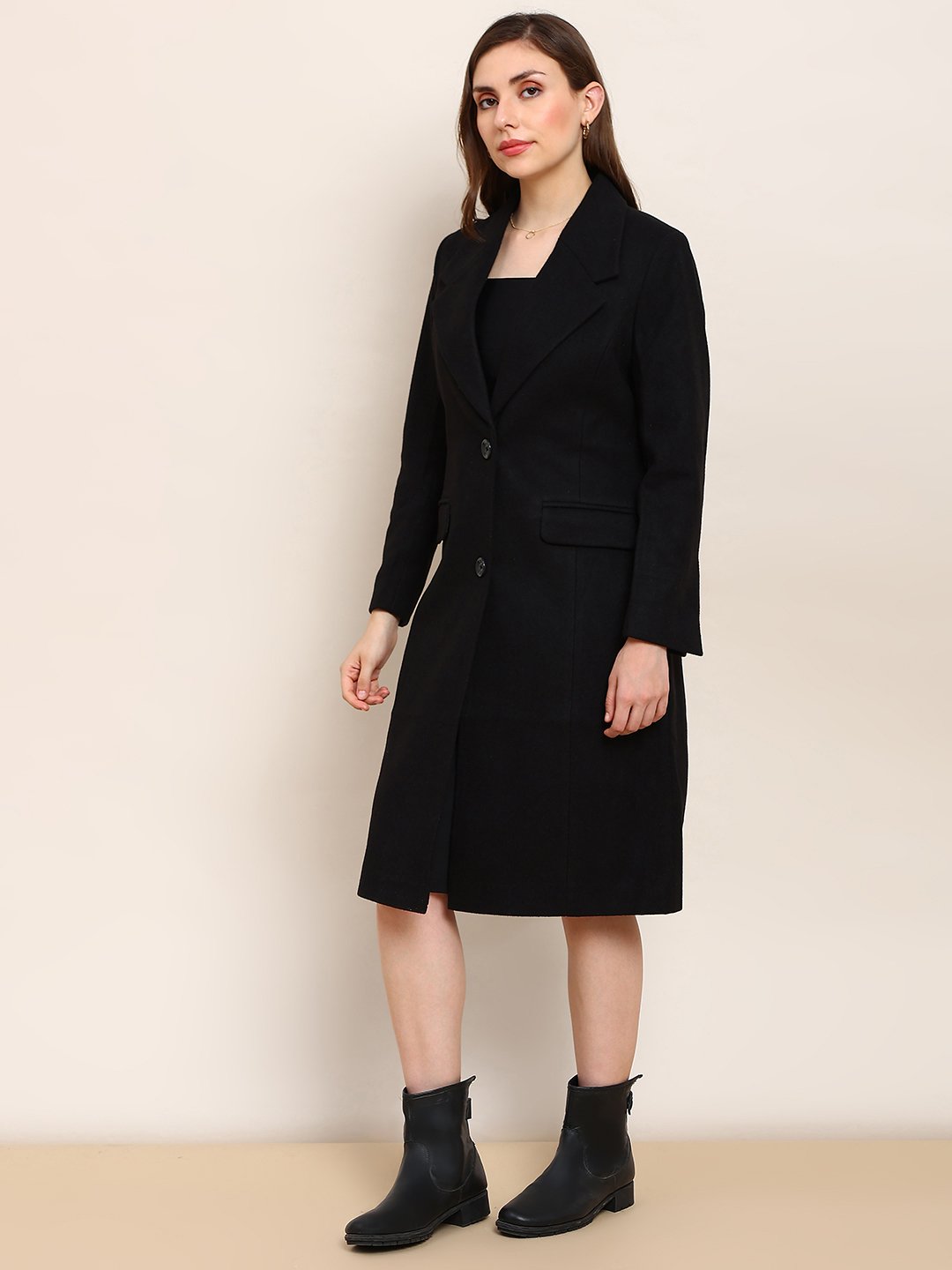 Black Longline Button-Front Overcoat