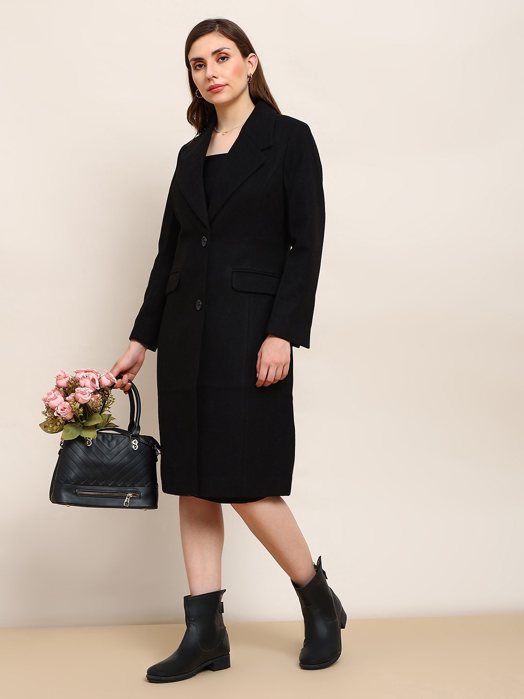 Black Longline Button-Front Overcoat