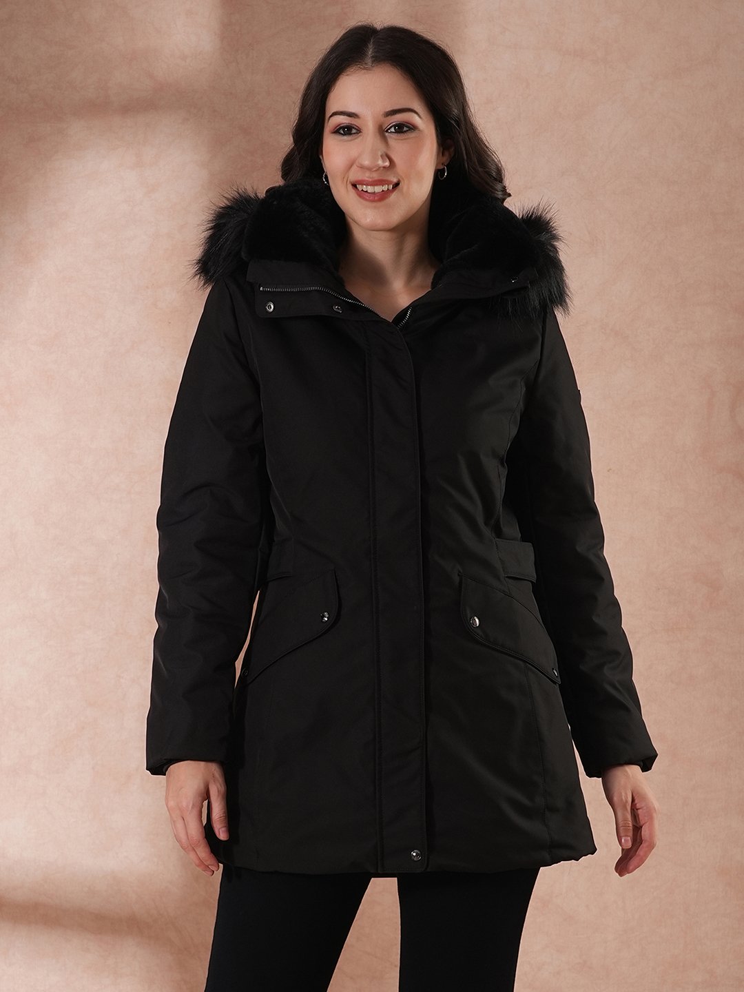 Black Padded Longline Winter Jacket with Faux Fur Hood
