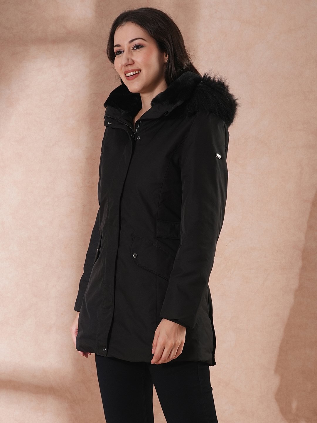 Black Padded Longline Winter Jacket with Faux Fur Hood