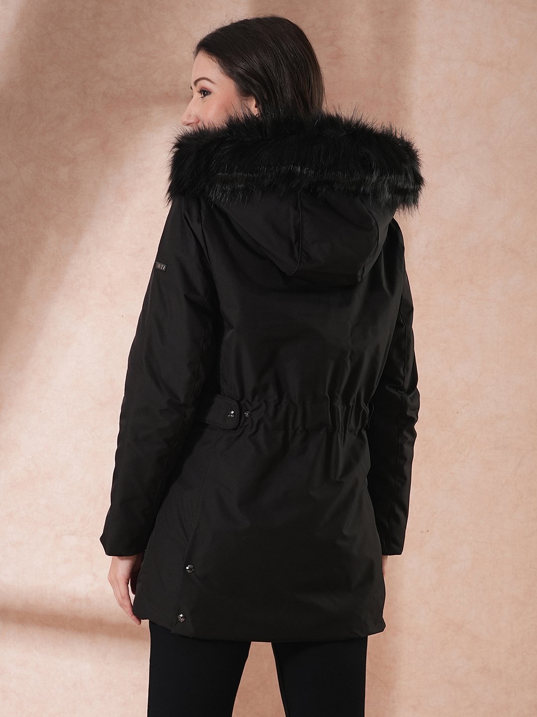Black Padded Longline Winter Jacket with Faux Fur Hood