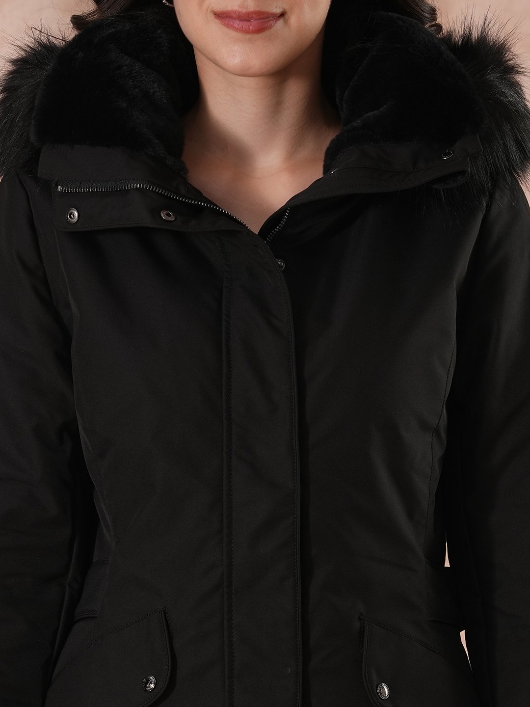 Black Padded Longline Winter Jacket with Faux Fur Hood