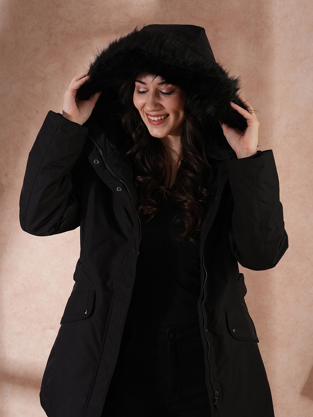 Black Padded Longline Winter Jacket with Faux Fur Hood