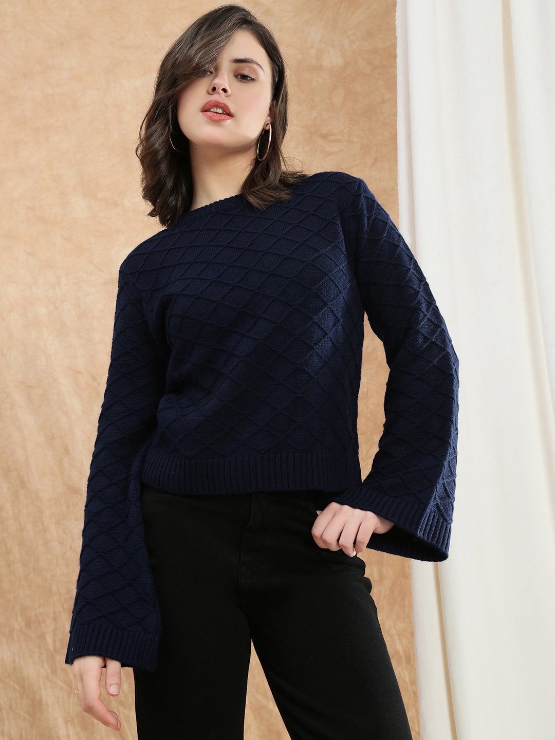 Blue Diamond Knit Jumper with Bell Sleeves