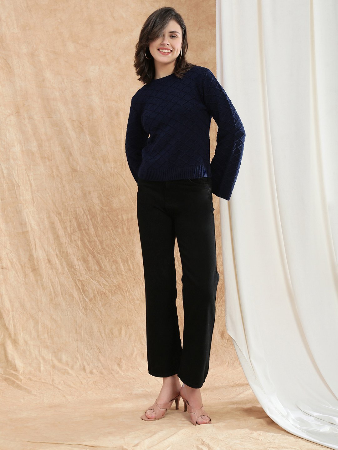 Blue Diamond Knit Jumper with Bell Sleeves
