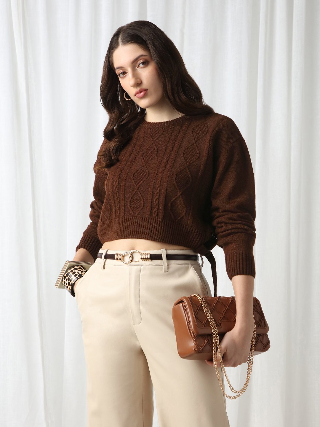 Brown Cable Knit Crop Jumper