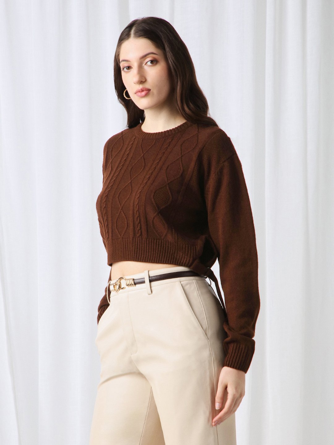 Brown Cable Knit Crop Jumper