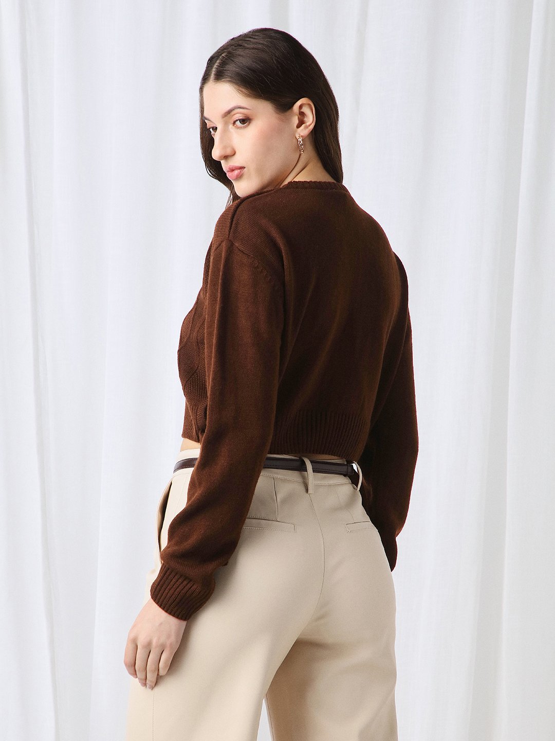 Brown Cable Knit Crop Jumper
