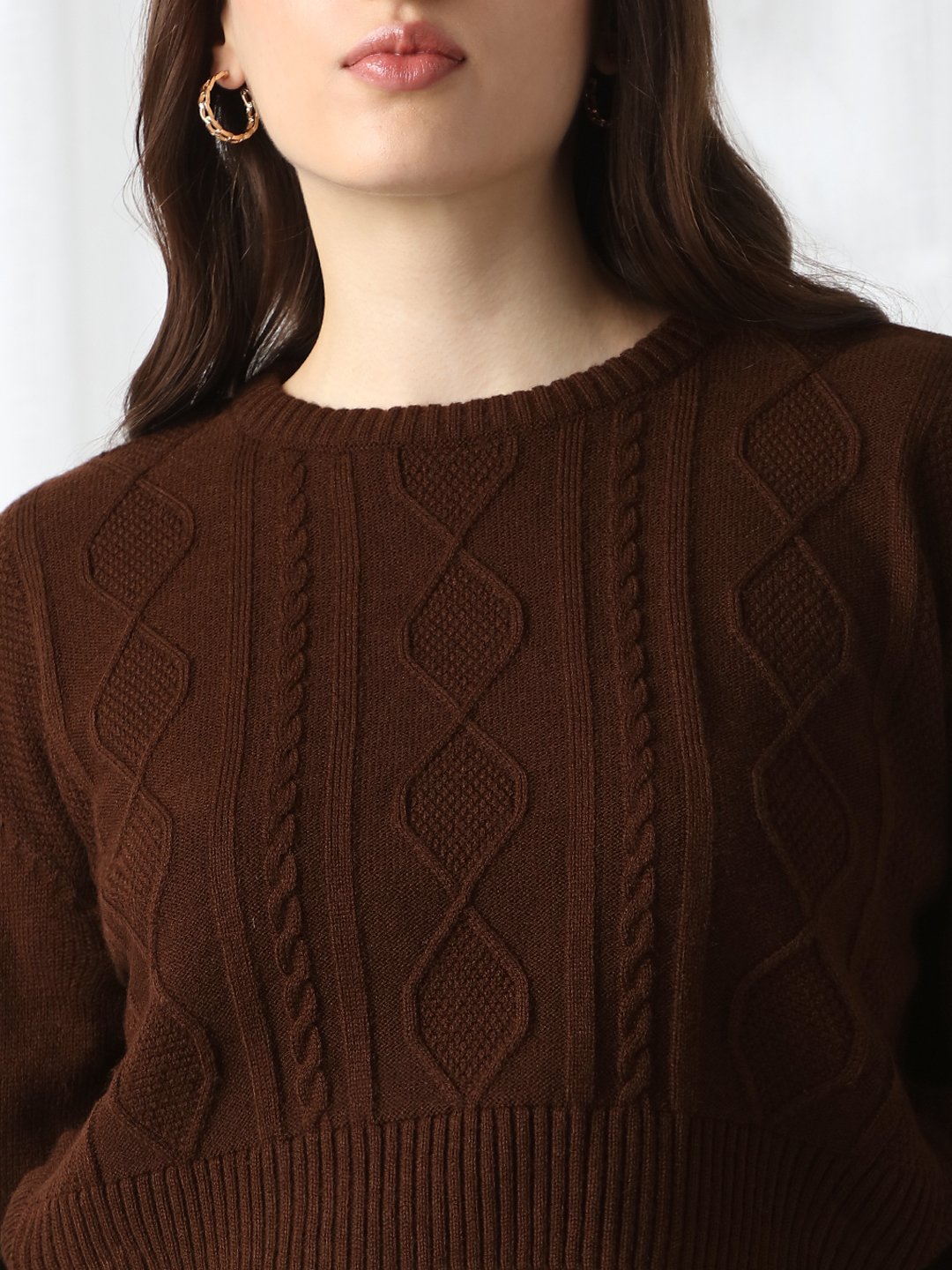 Brown Cable Knit Crop Jumper