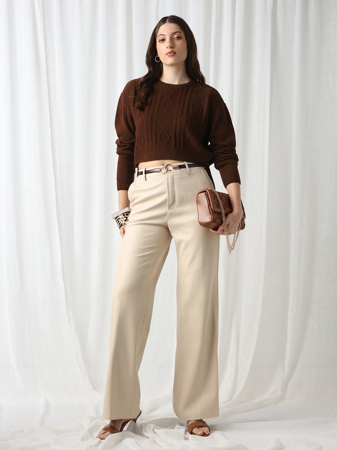 Brown Cable Knit Crop Jumper