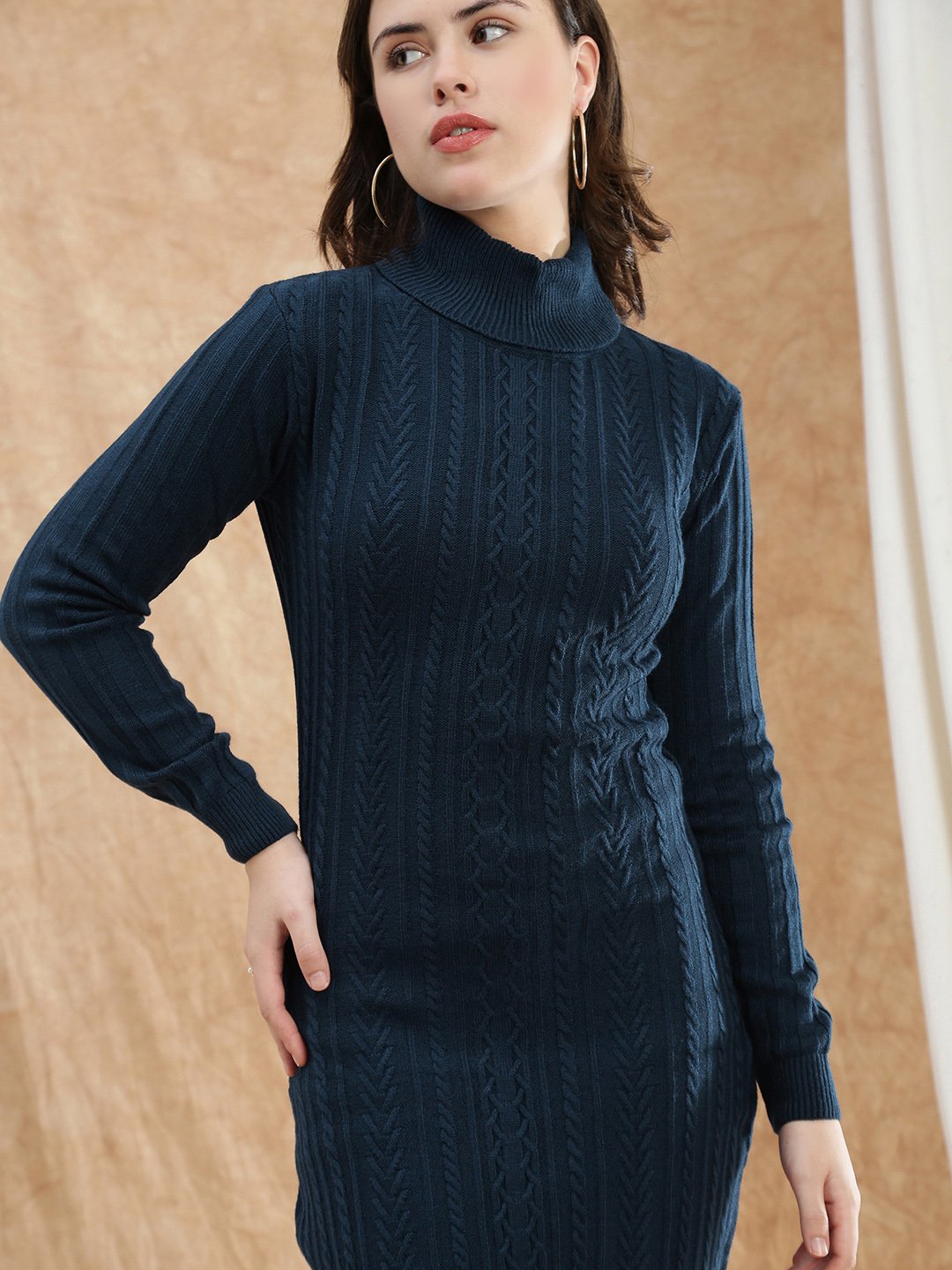 Blue Cable Knit Turtleneck Dress